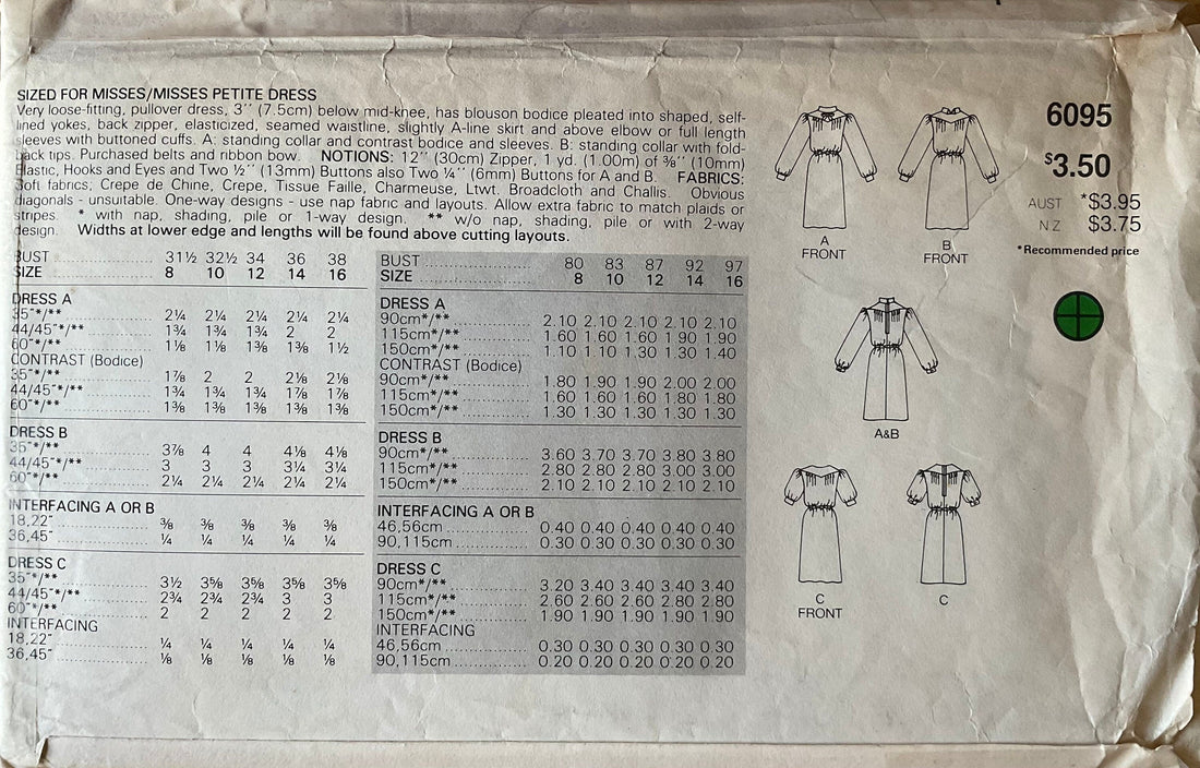 Butterick 6095 Sewing Pattern (Vintage) CUT
