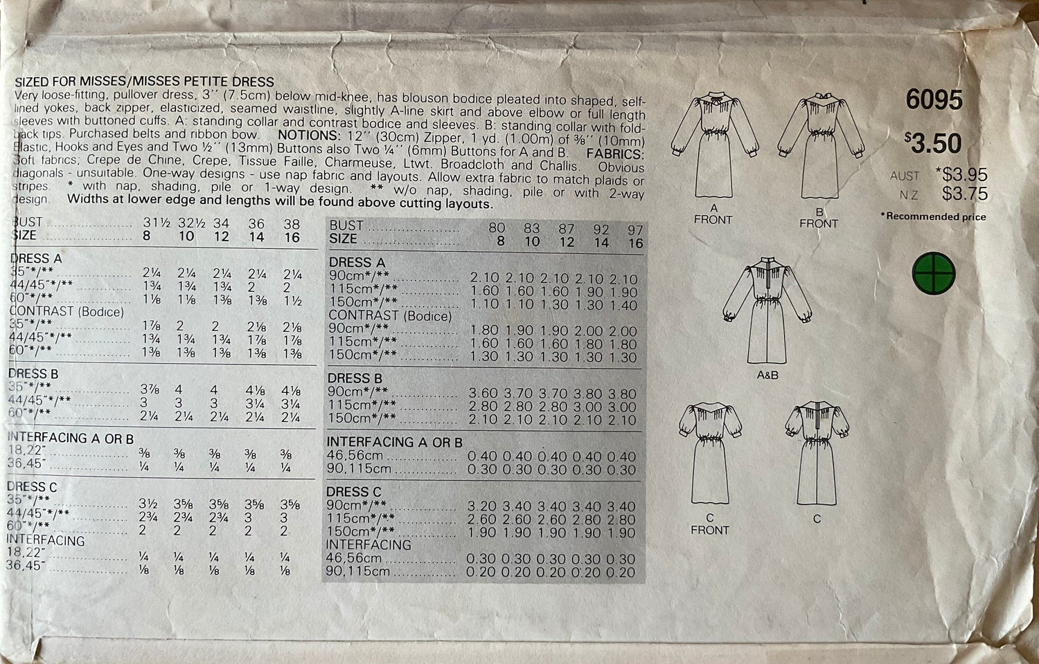 Butterick 6095 Sewing Pattern (Vintage) CUT