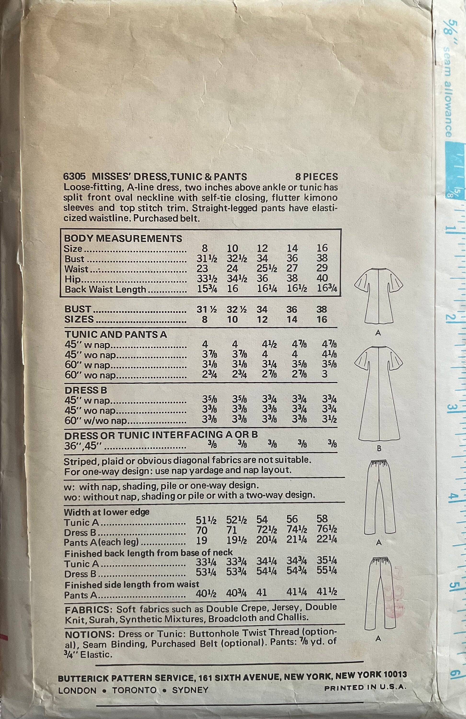 Butterick 6305 Sewing Pattern (Vintage) CUT