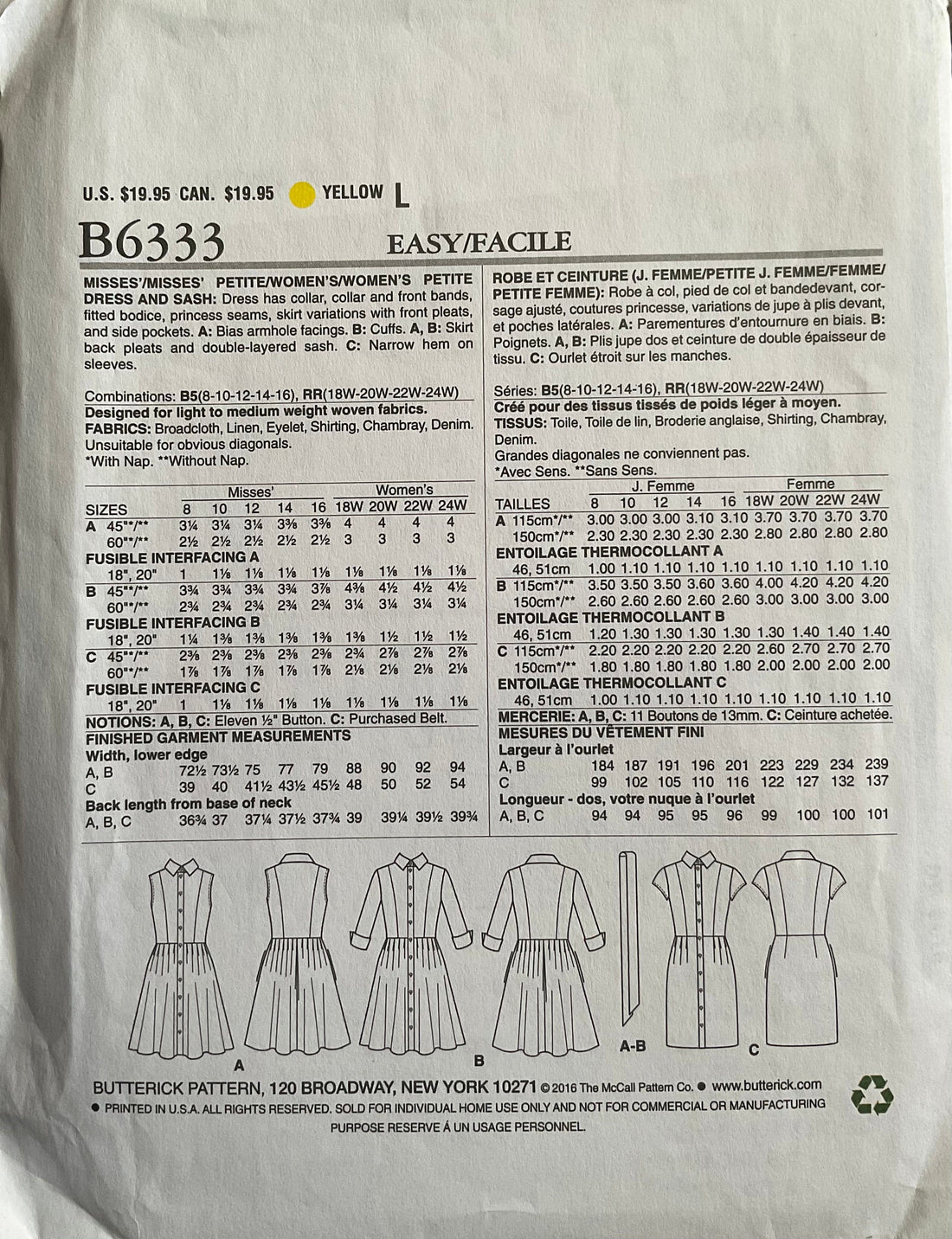 Butterick 6333 Sewing Pattern (Vintage) UNCUT