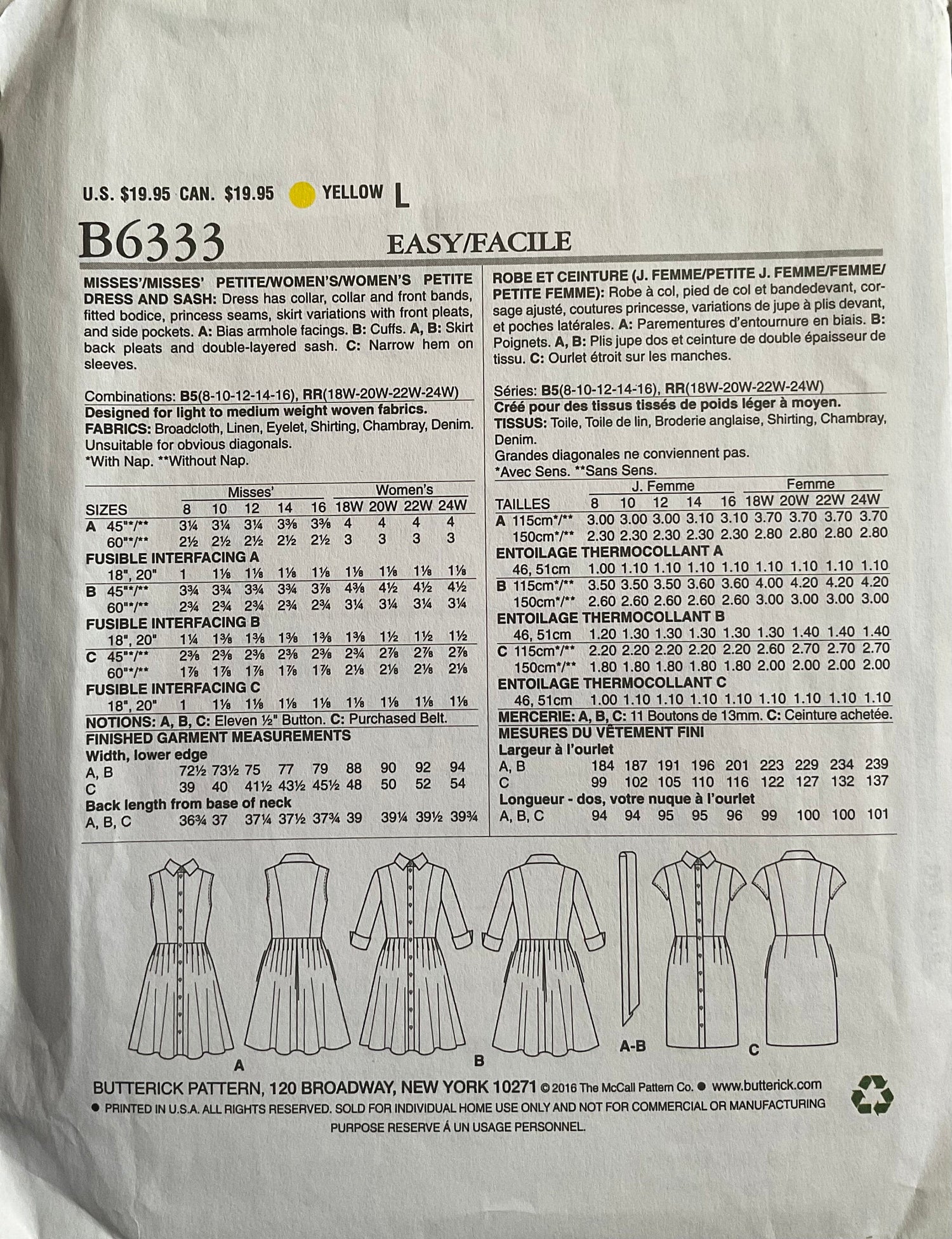 Butterick 6333 Sewing Pattern (Vintage) UNCUT