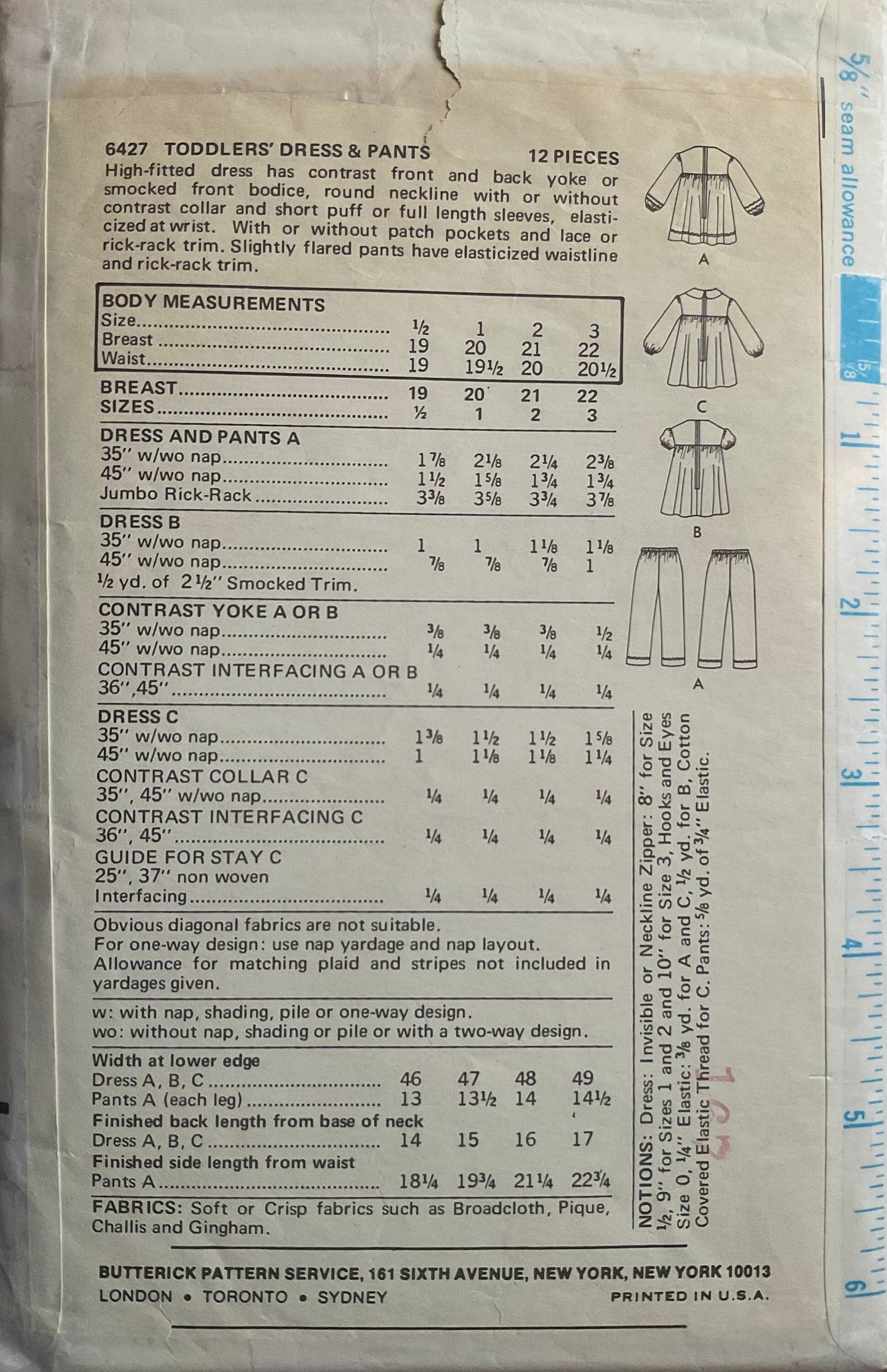 Butterick 6427 Sewing Pattern (Vintage) CUT