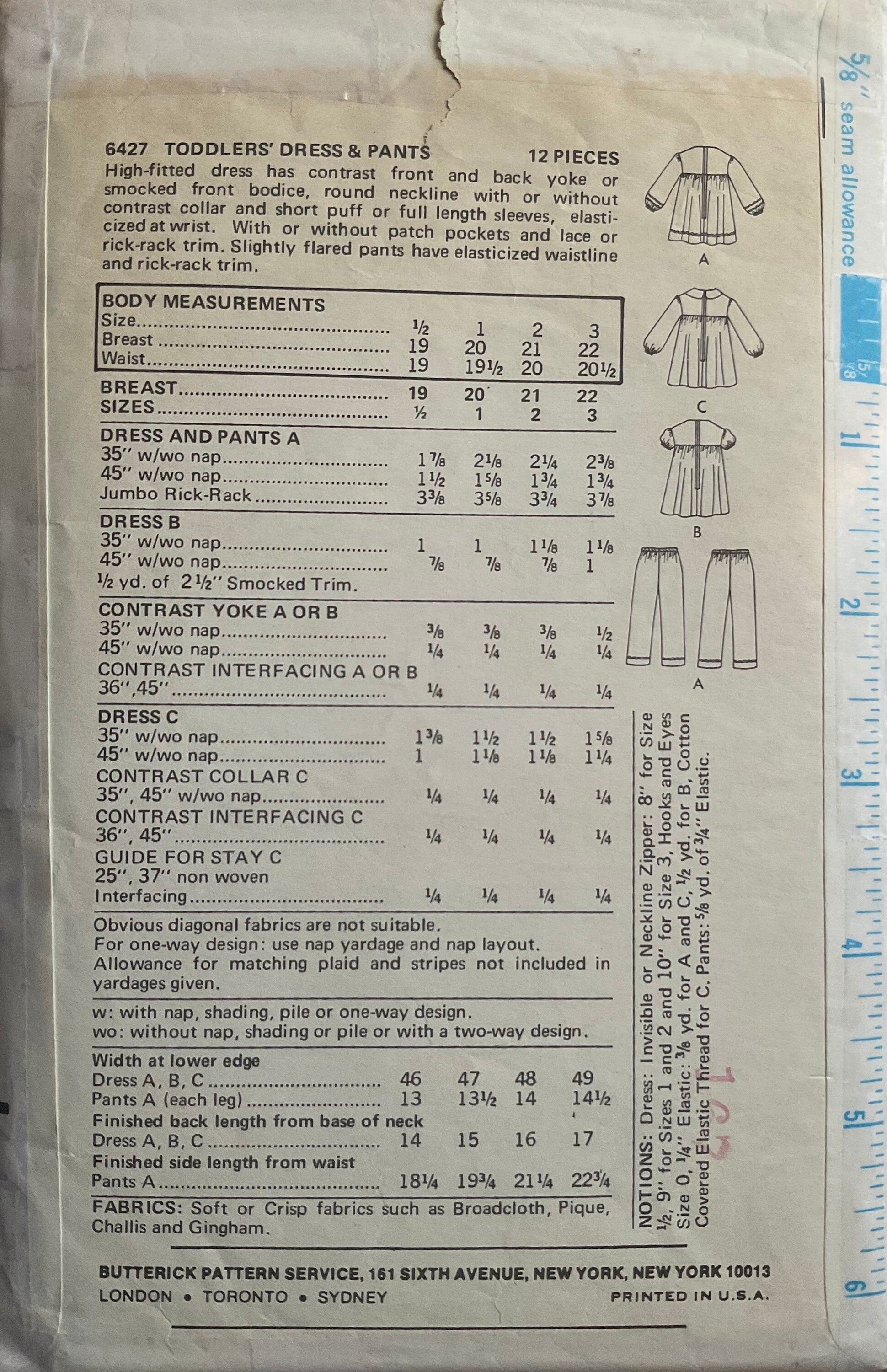 Butterick 6427 Sewing Pattern (Vintage) CUT