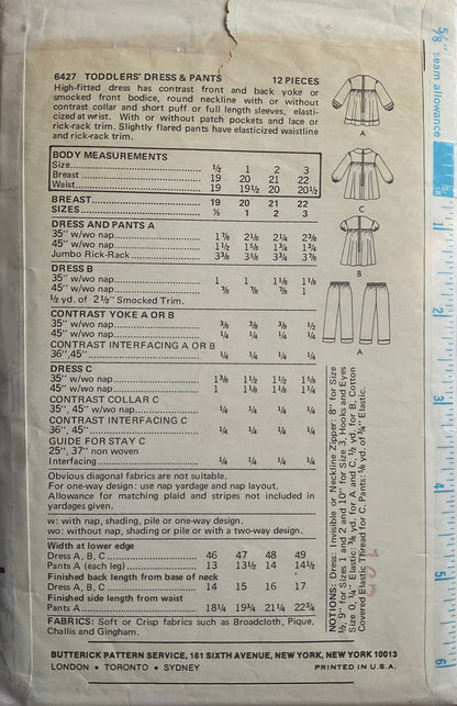 Butterick 6427 Sewing Pattern (Vintage) CUT