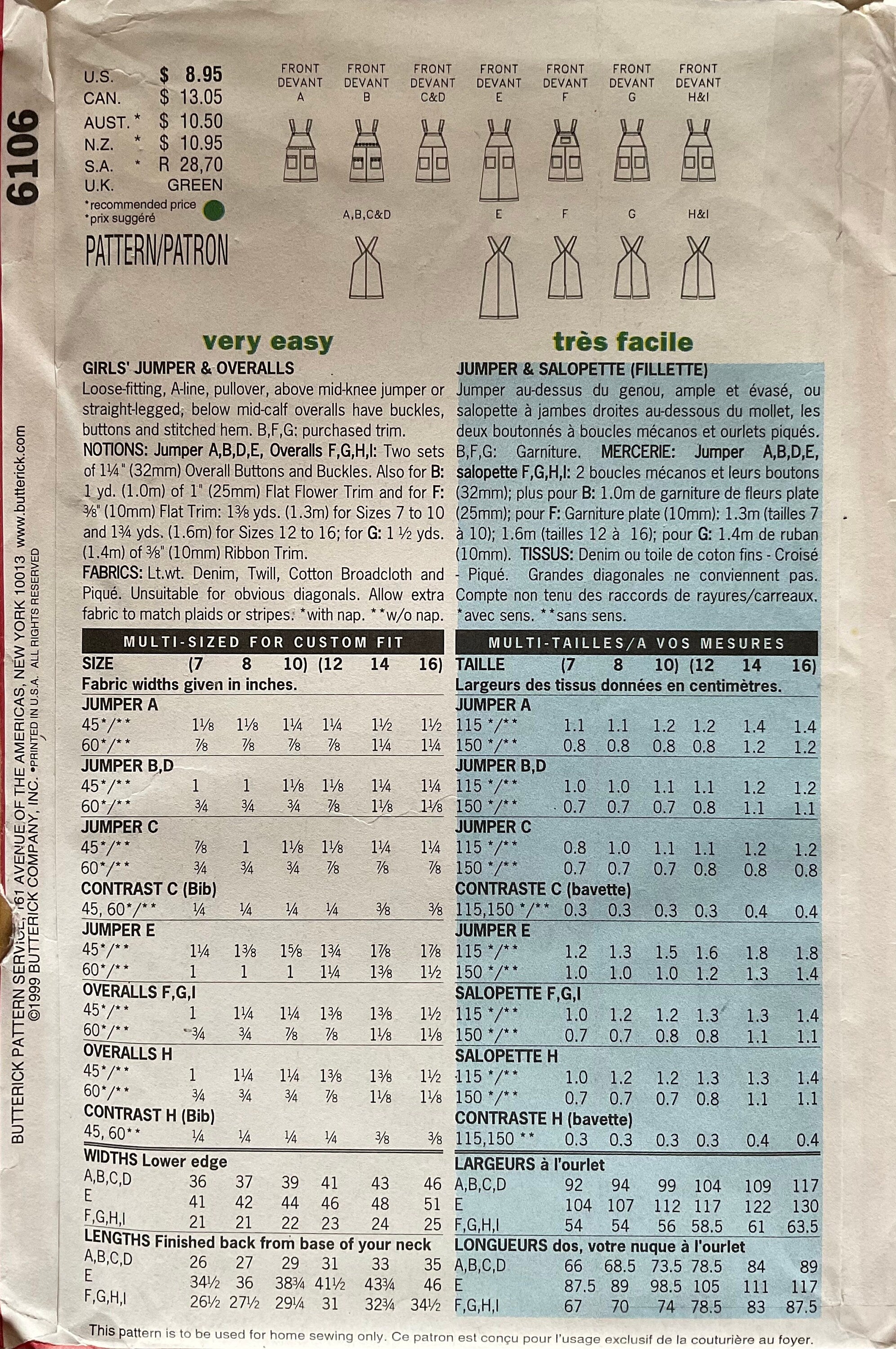 Butterick 6106 Sewing Pattern (Vintage) UNCUT