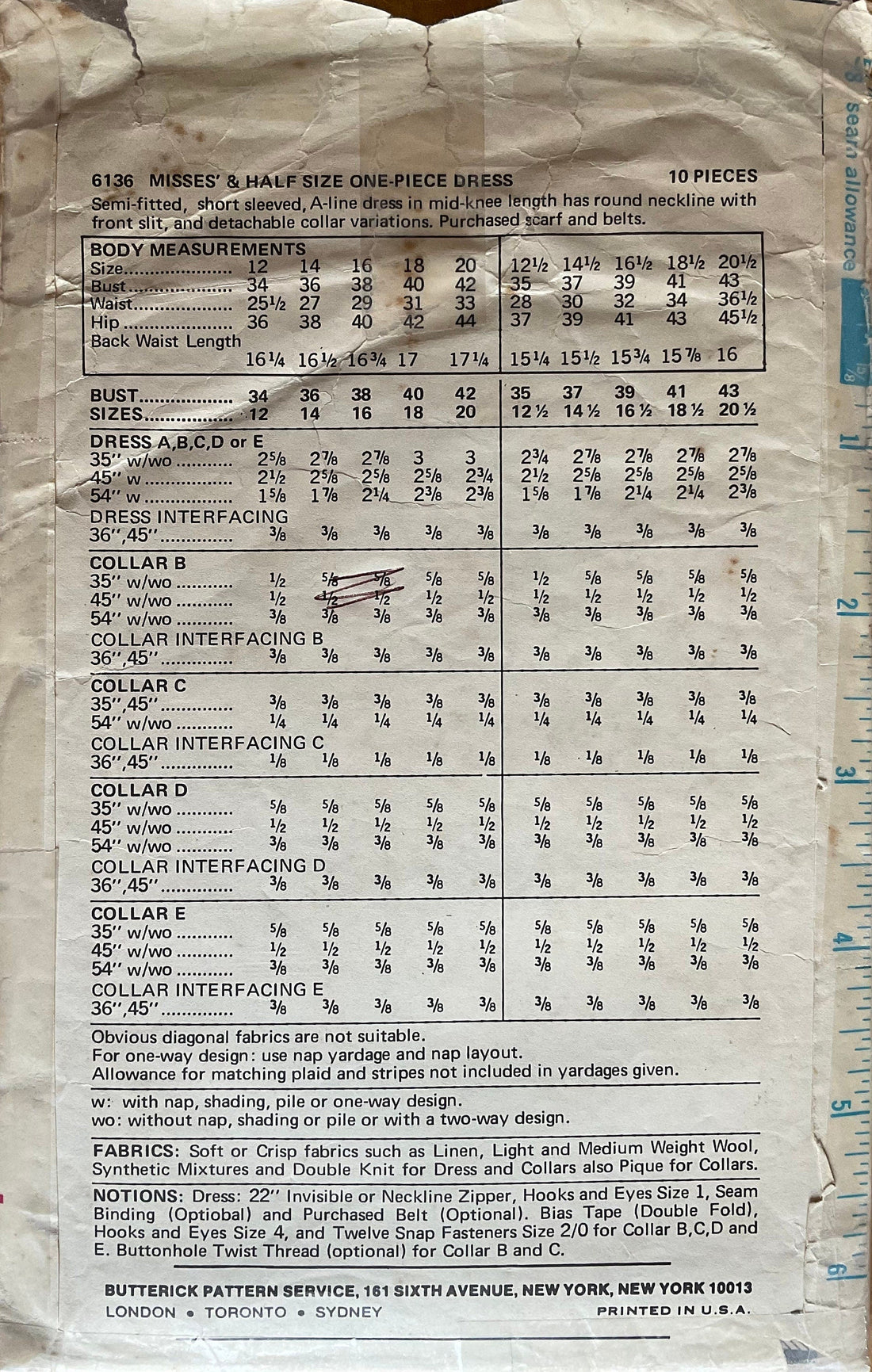 Butterick 6136 Sewing Pattern (Vintage) CUT