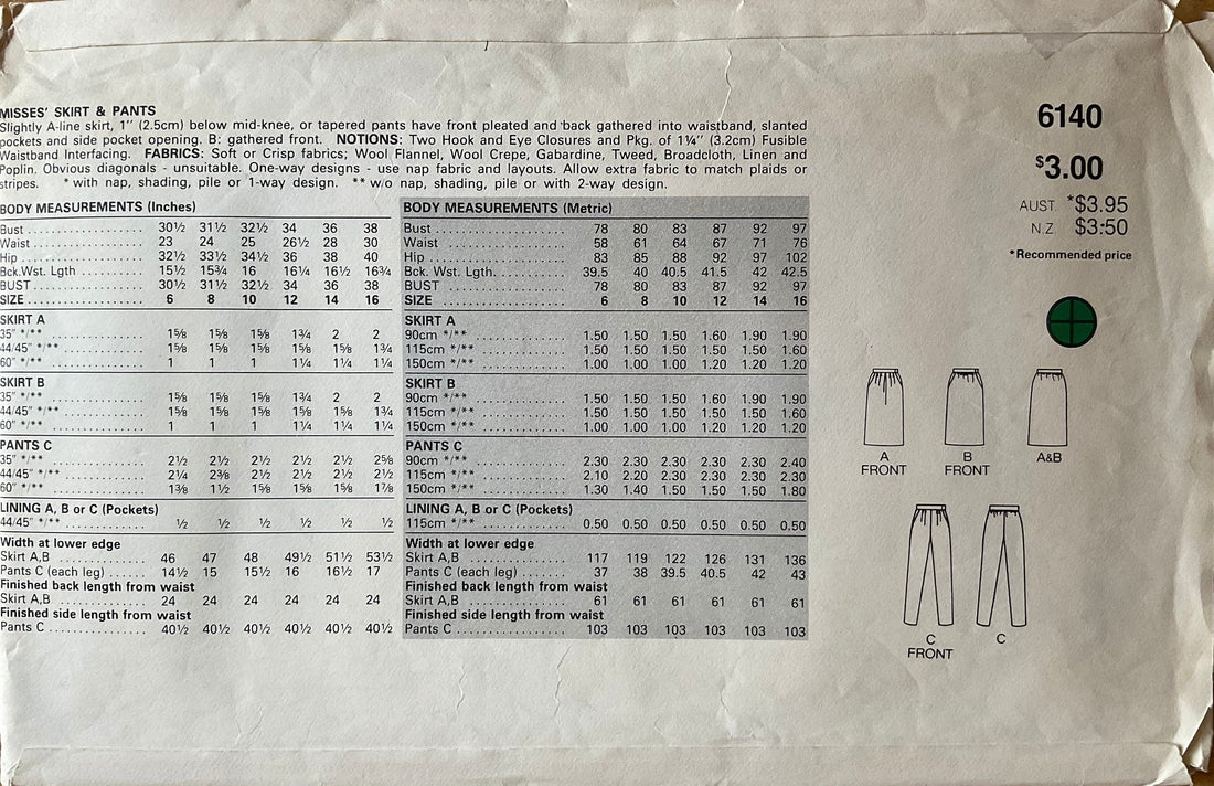 Butterick 6140 Sewing Pattern (Vintage) UNCUT