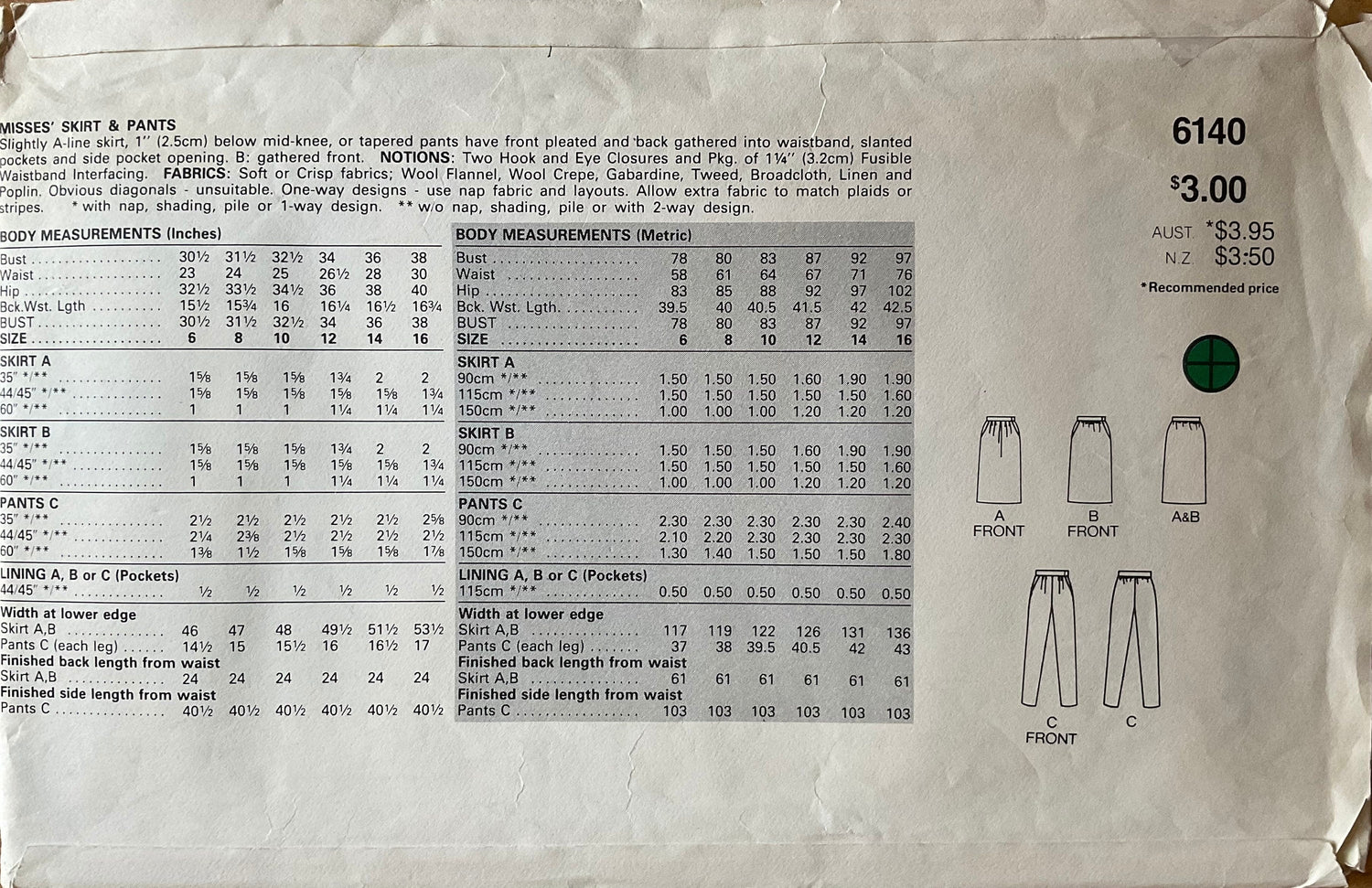 Butterick 6140 Sewing Pattern (Vintage) UNCUT