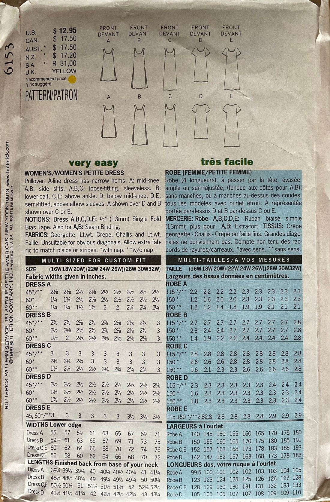 Butterick 6153 Sewing Pattern (Vintage) UNCUT