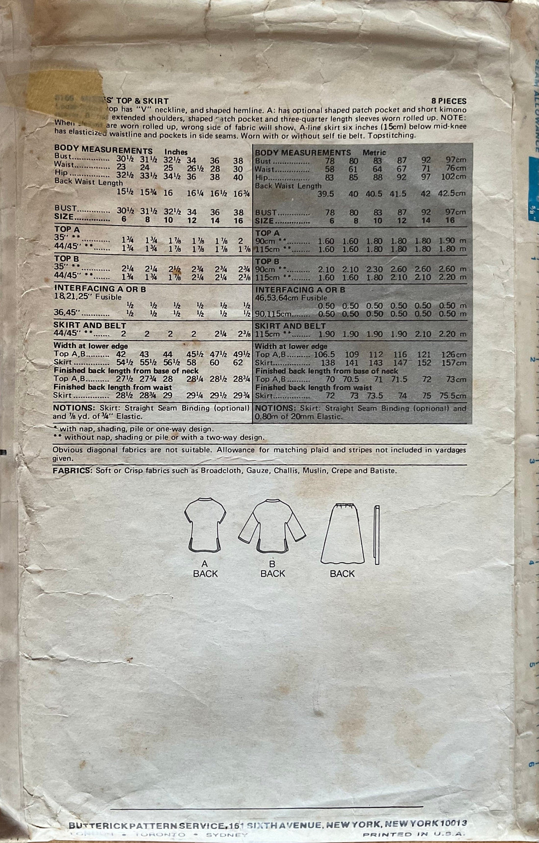 Butterick 6156 Sewing Pattern (Vintage) CUT