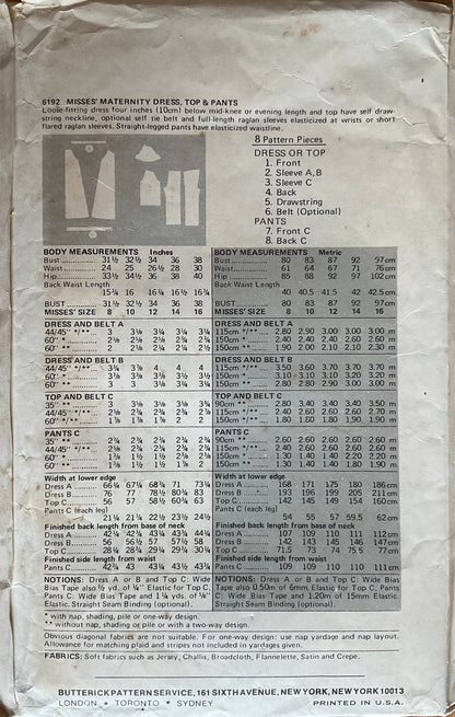 Butterick 6192 Sewing Pattern (Vintage) CUT