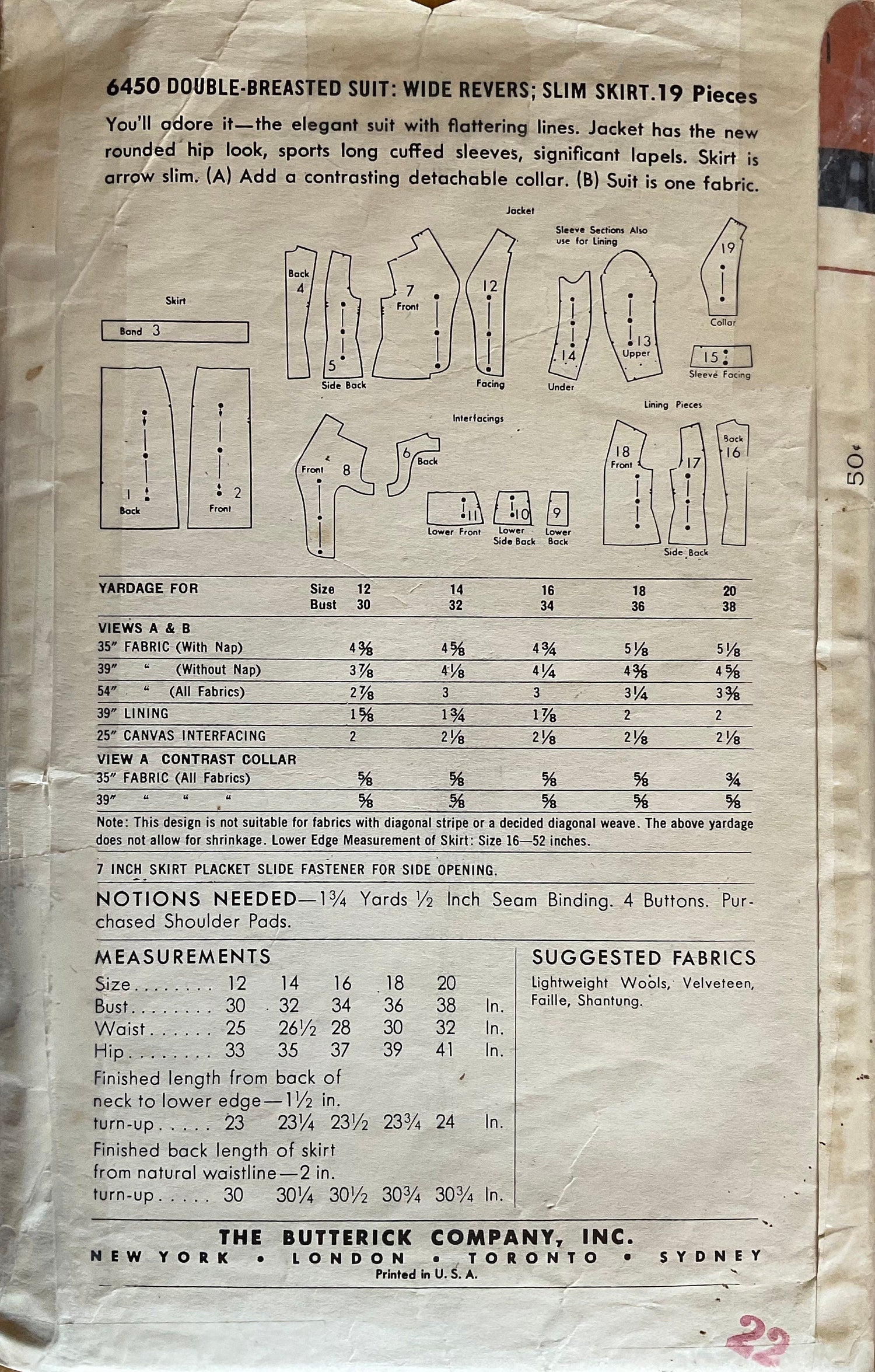 Butterick 6450 Sewing Pattern (Vintage) UNCUT