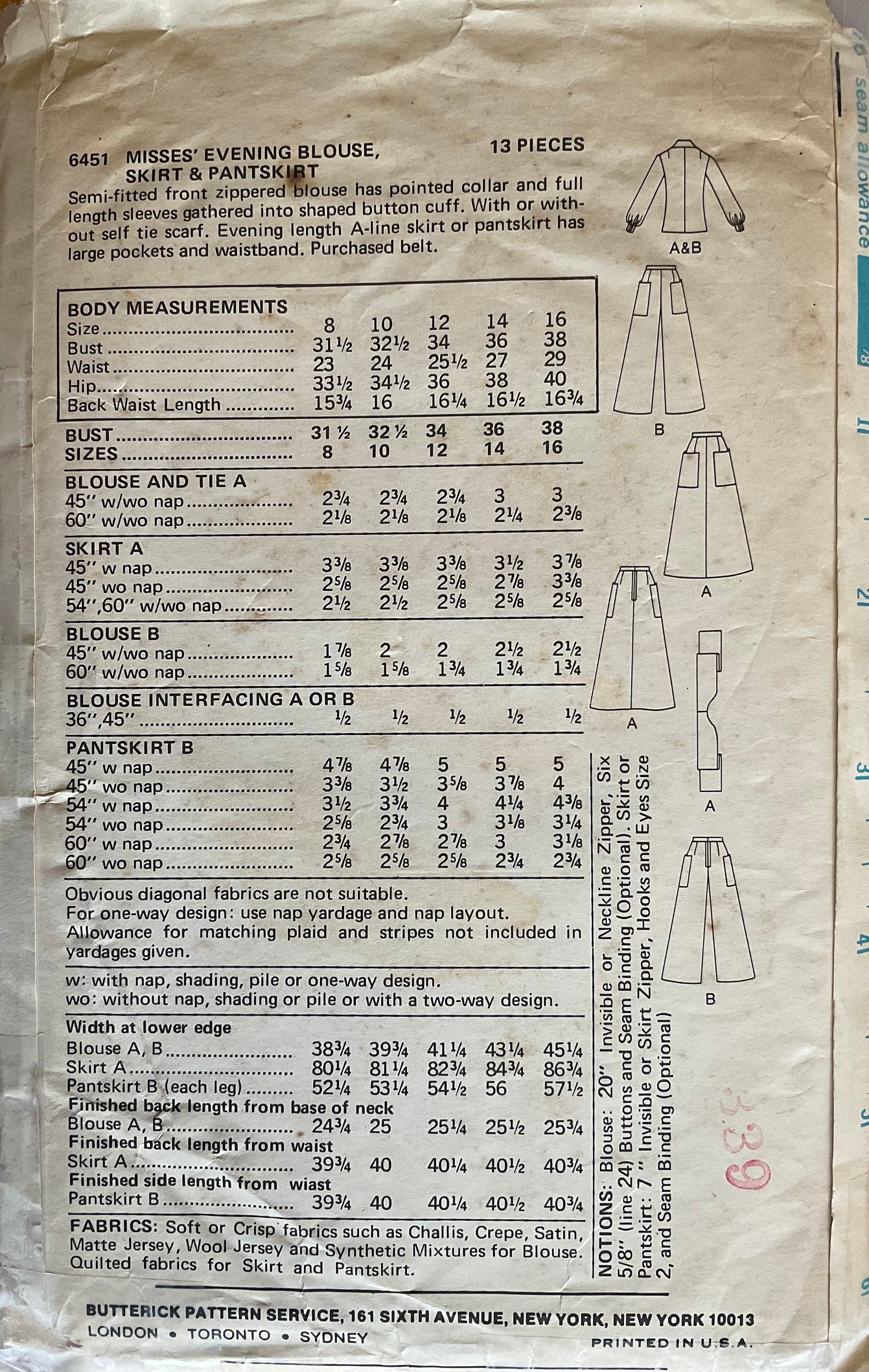 Butterick 6451 Sewing Pattern (Vintage) CUT
