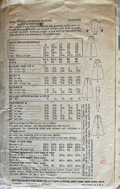 Butterick 6451 Sewing Pattern (Vintage) CUT