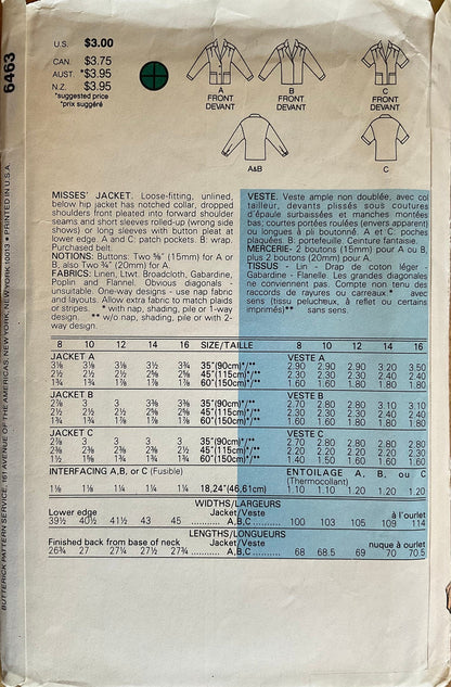 Butterick 6463 Sewing Pattern (Vintage) CUT