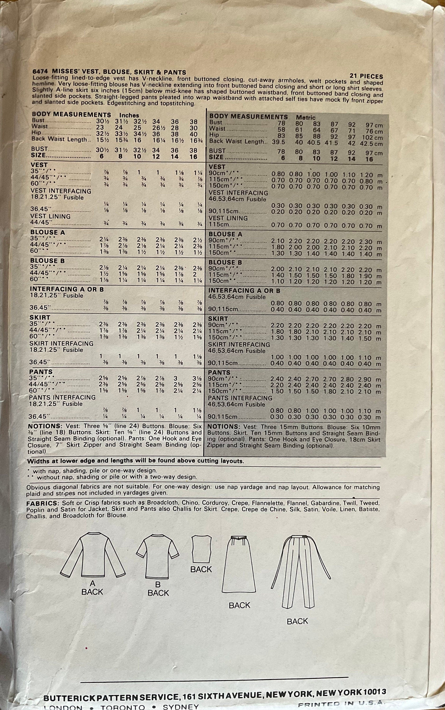 Butterick 6474 Sewing Pattern (Vintage) CUT