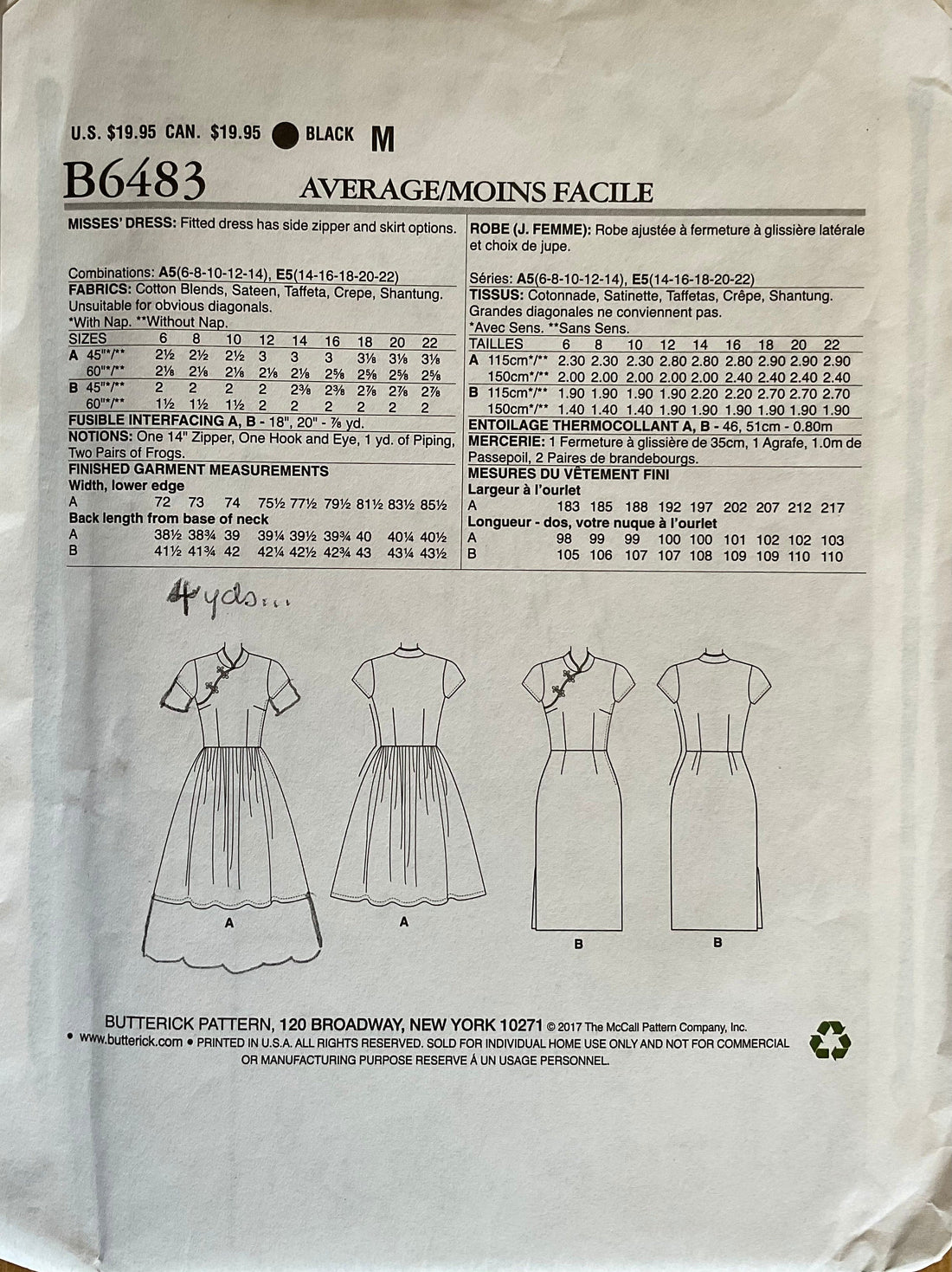 Butterick 6483 Sewing Pattern (Vintage) UNCUT