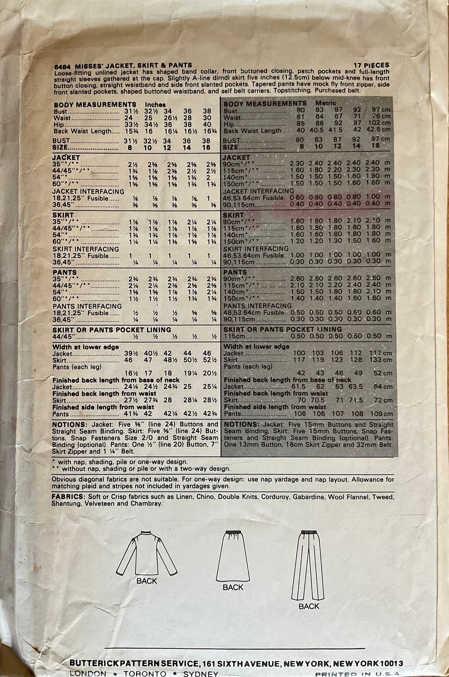 Butterick 6484 Sewing Pattern (Vintage) CUT