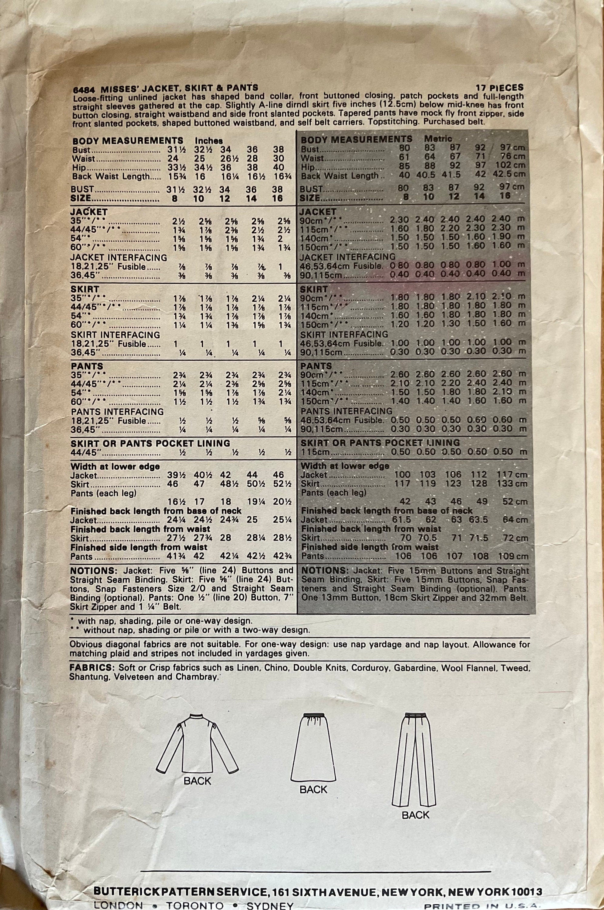 Butterick 6484 Sewing Pattern (Vintage) CUT