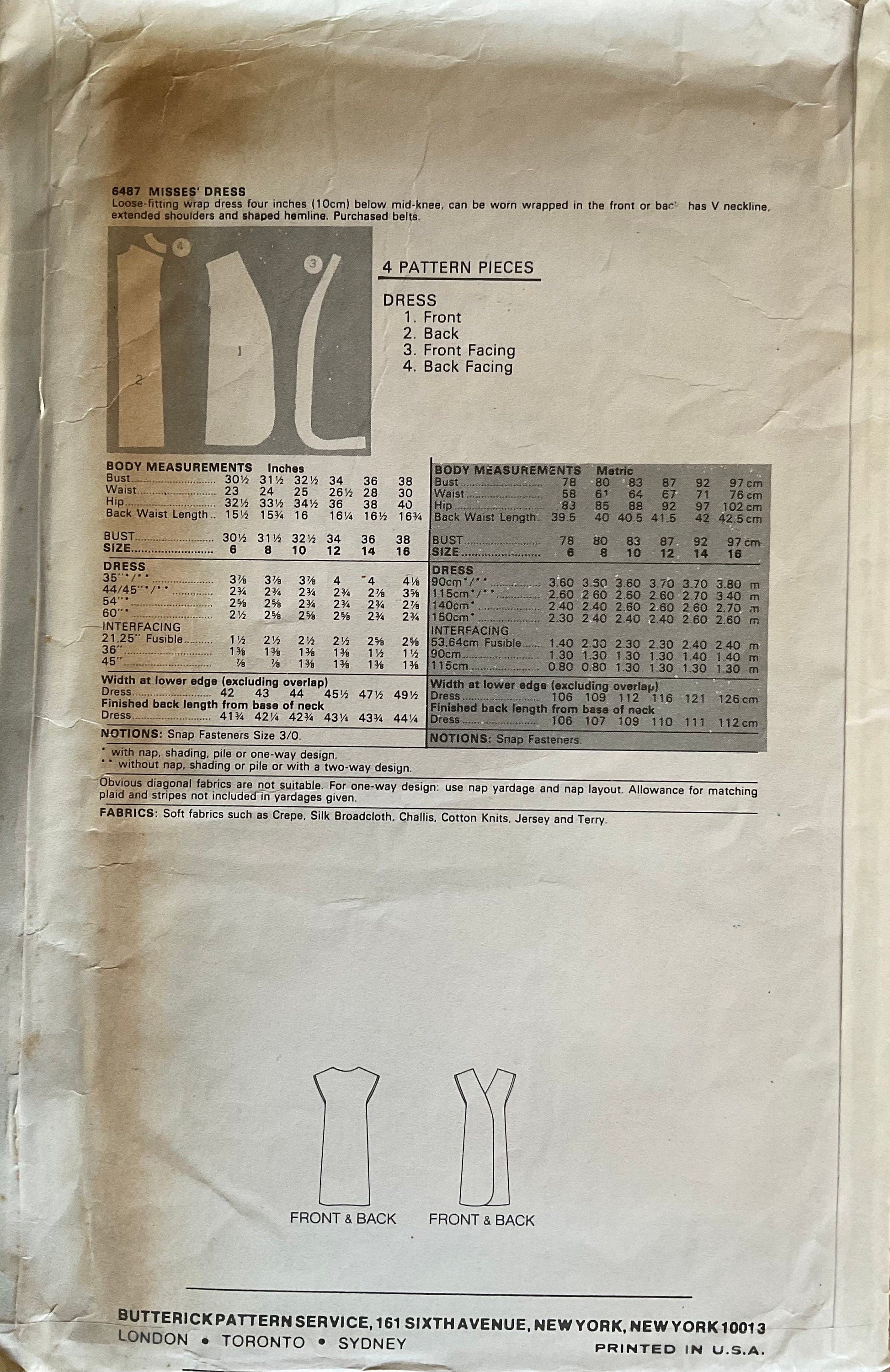 Butterick 6487 Sewing Pattern (Vintage) UNCUT