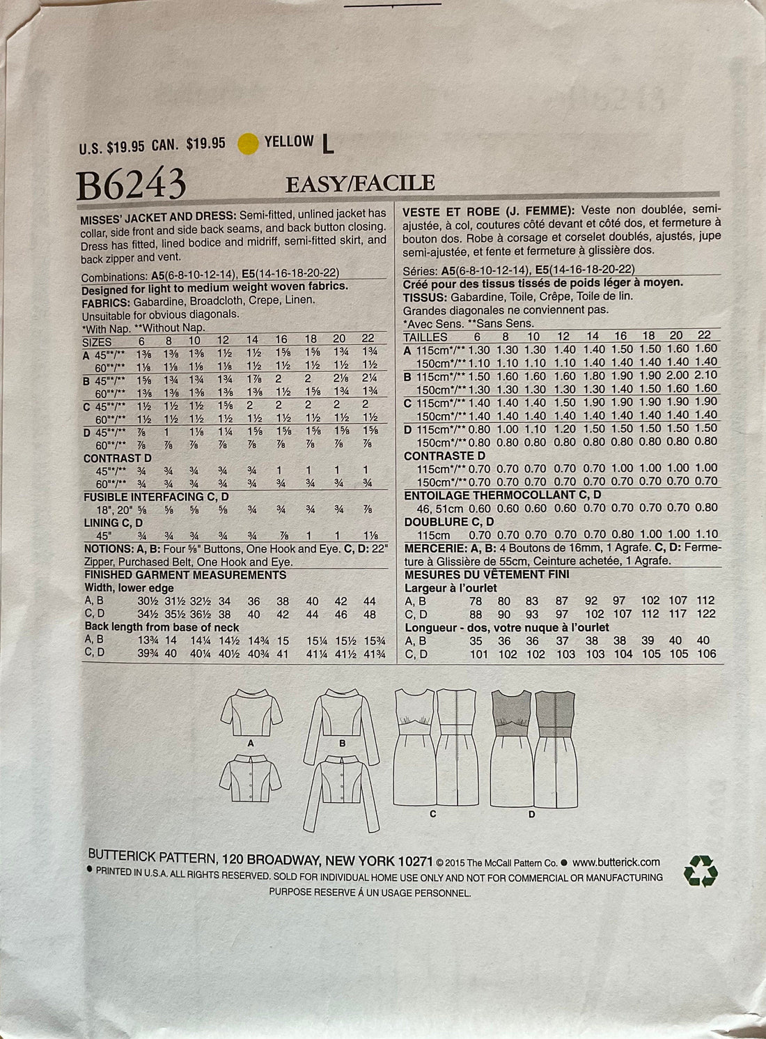 Butterick 6243 Sewing Pattern (Vintage) UNCUT