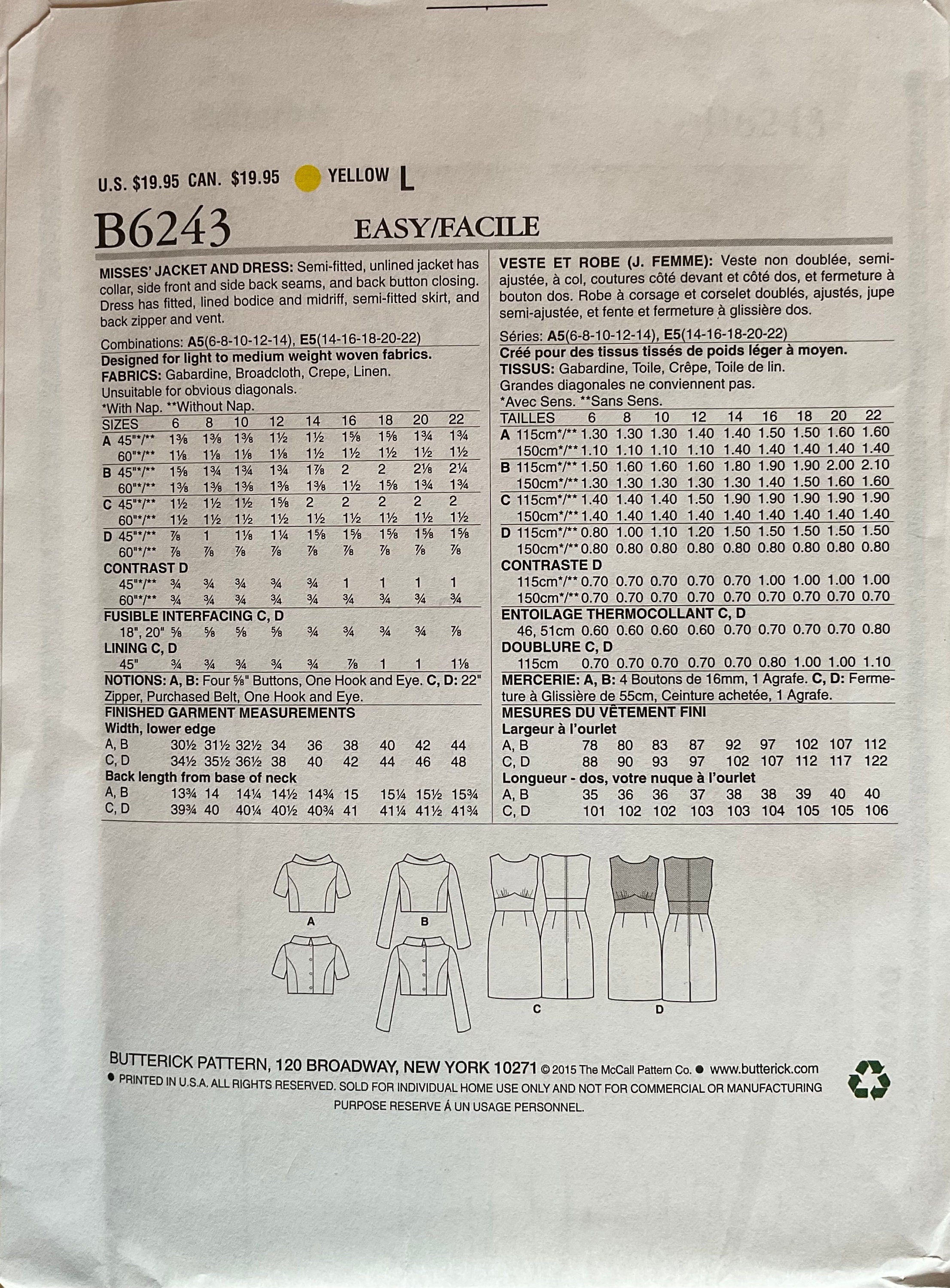 Butterick 6243 Sewing Pattern (Vintage) UNCUT