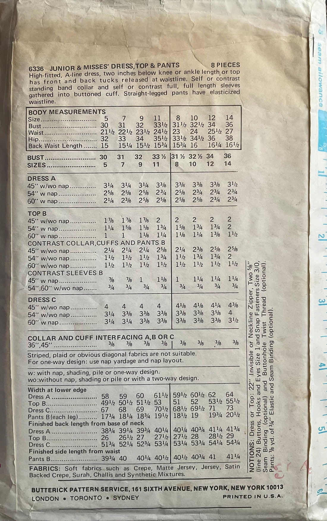 Butterick 6336 Sewing Pattern (Vintage) CUT