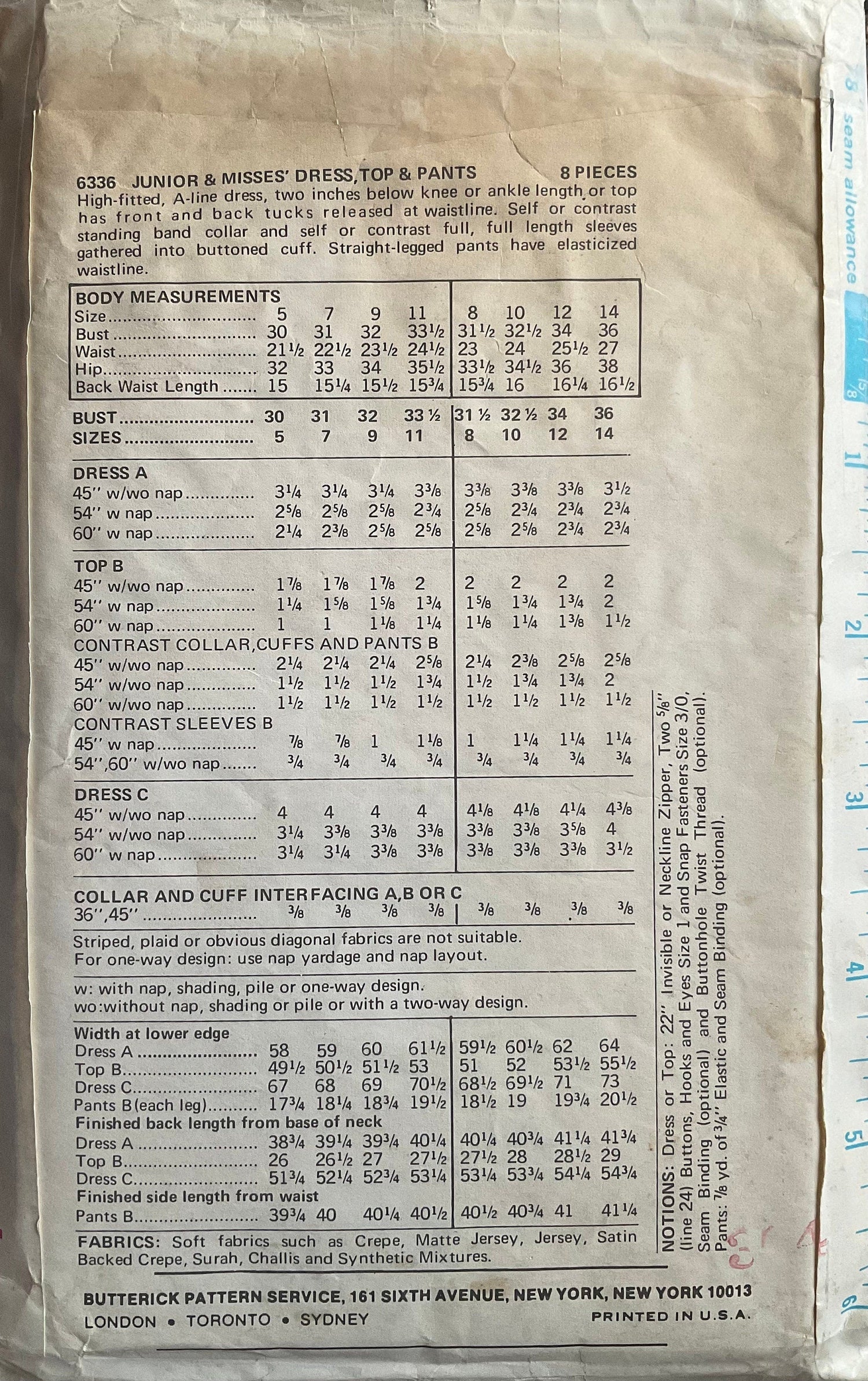 Butterick 6336 Sewing Pattern (Vintage) CUT
