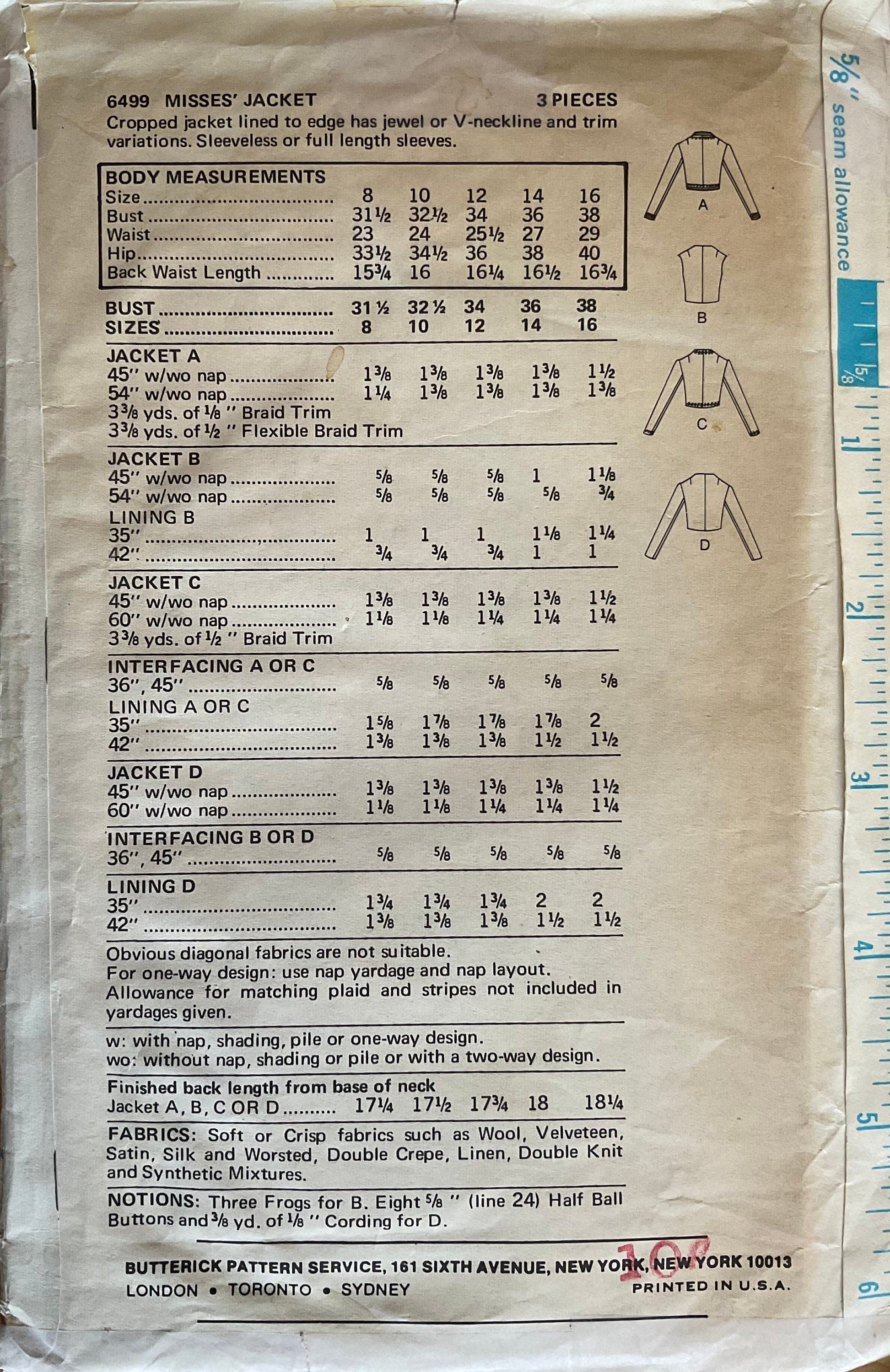 Butterick 6499 Sewing Pattern (Vintage) CUT