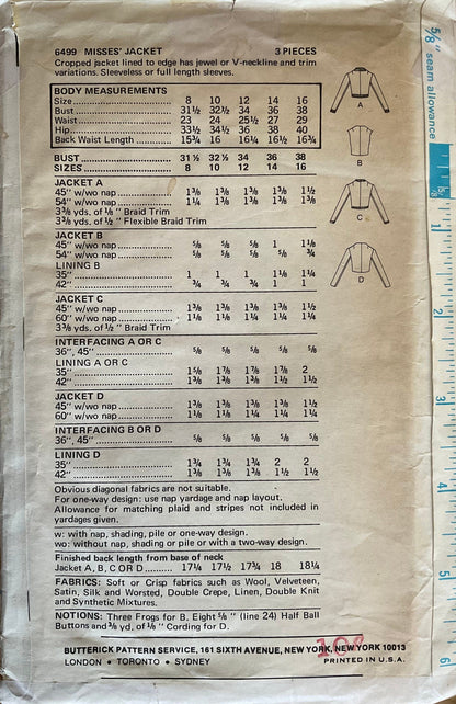 Butterick 6499 Sewing Pattern (Vintage) CUT