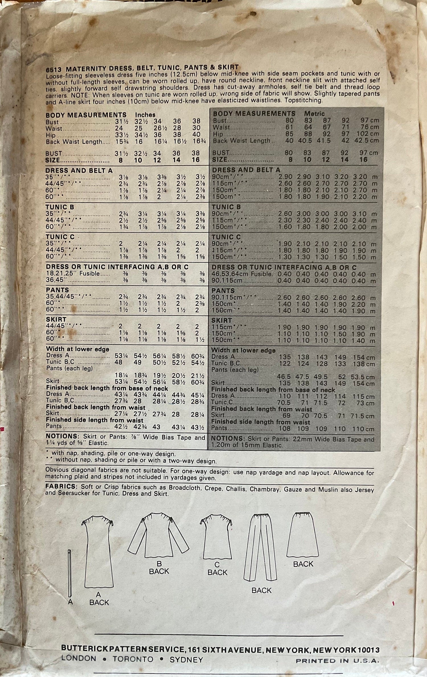 Butterick 6513 Sewing Pattern (Vintage) CUT