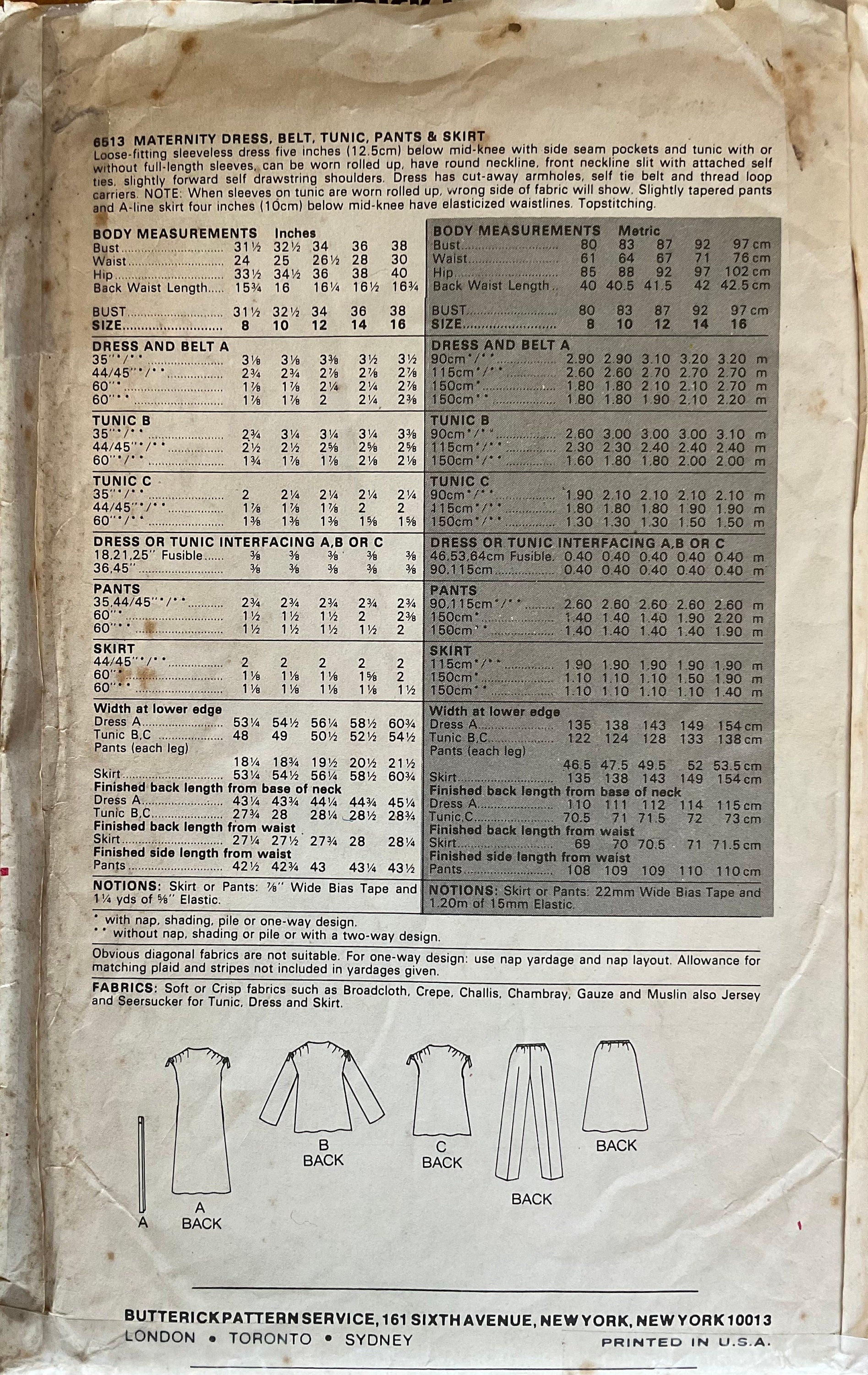 Butterick 6513 Sewing Pattern (Vintage) CUT