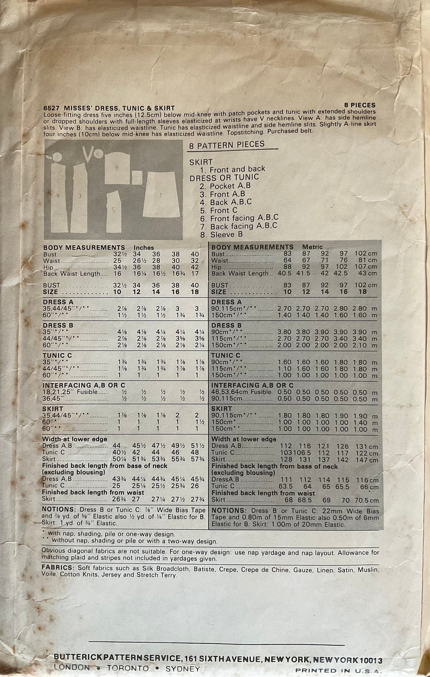 Butterick 6527 Sewing Pattern (Vintage) CUT