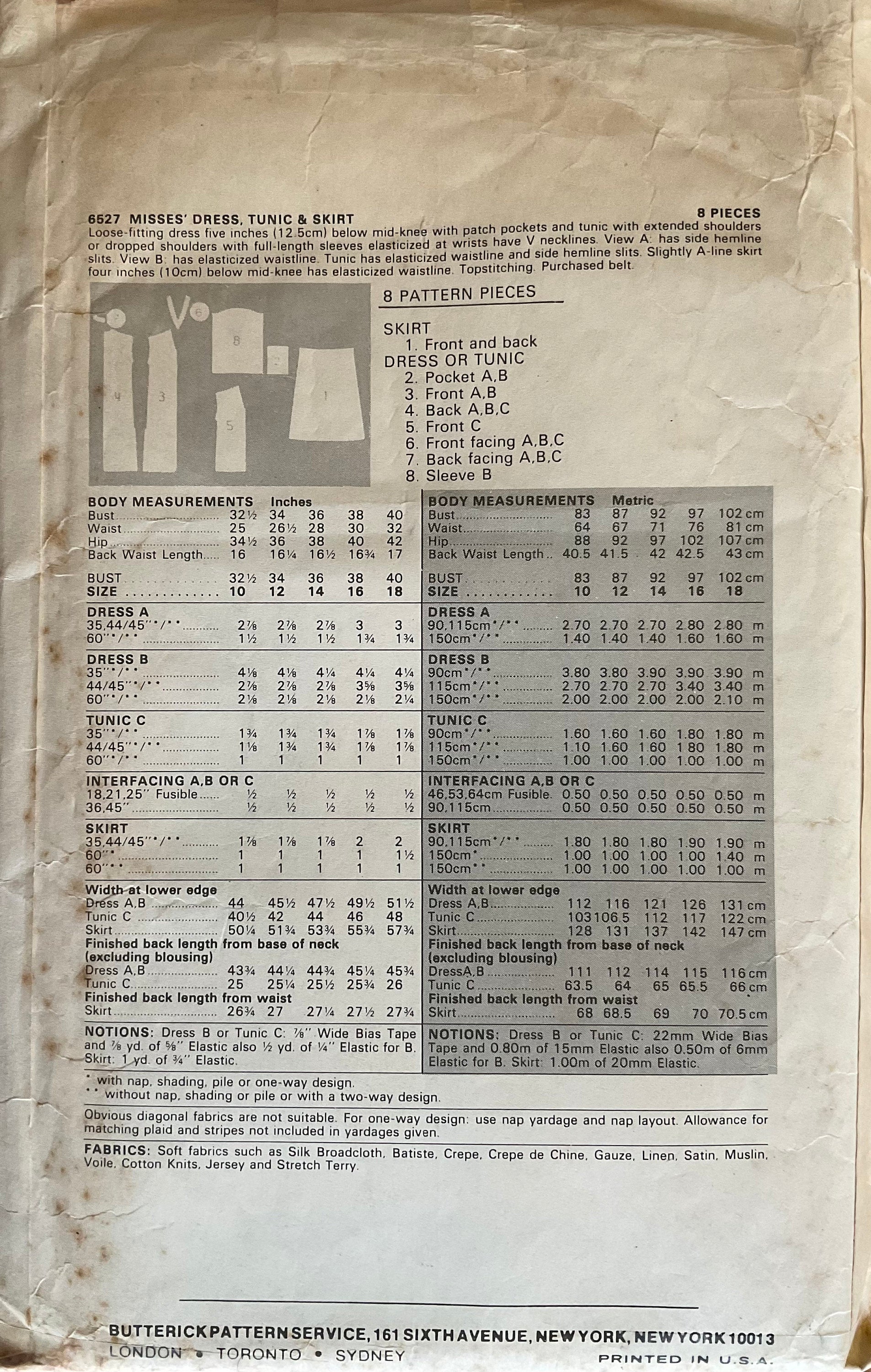 Butterick 6527 Sewing Pattern (Vintage) CUT