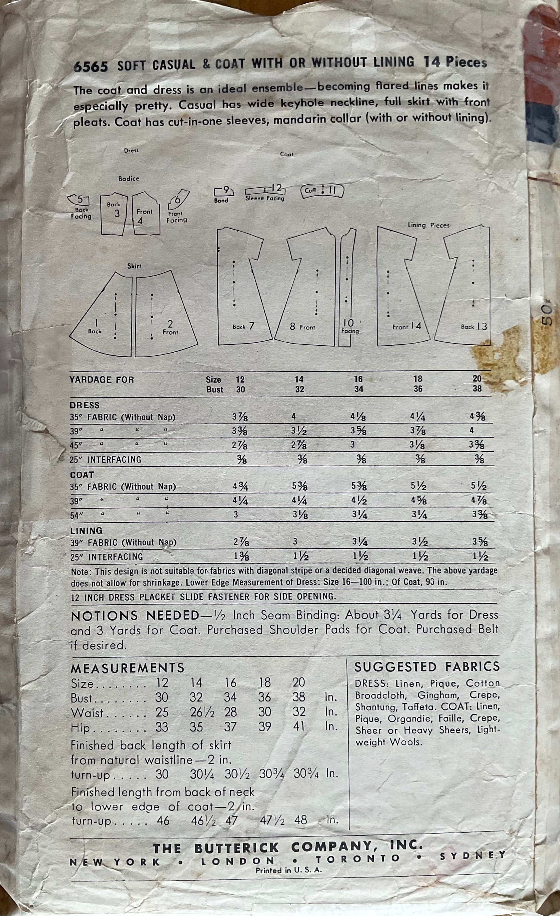 Butterick 6565 Sewing Pattern (Vintage) CUT