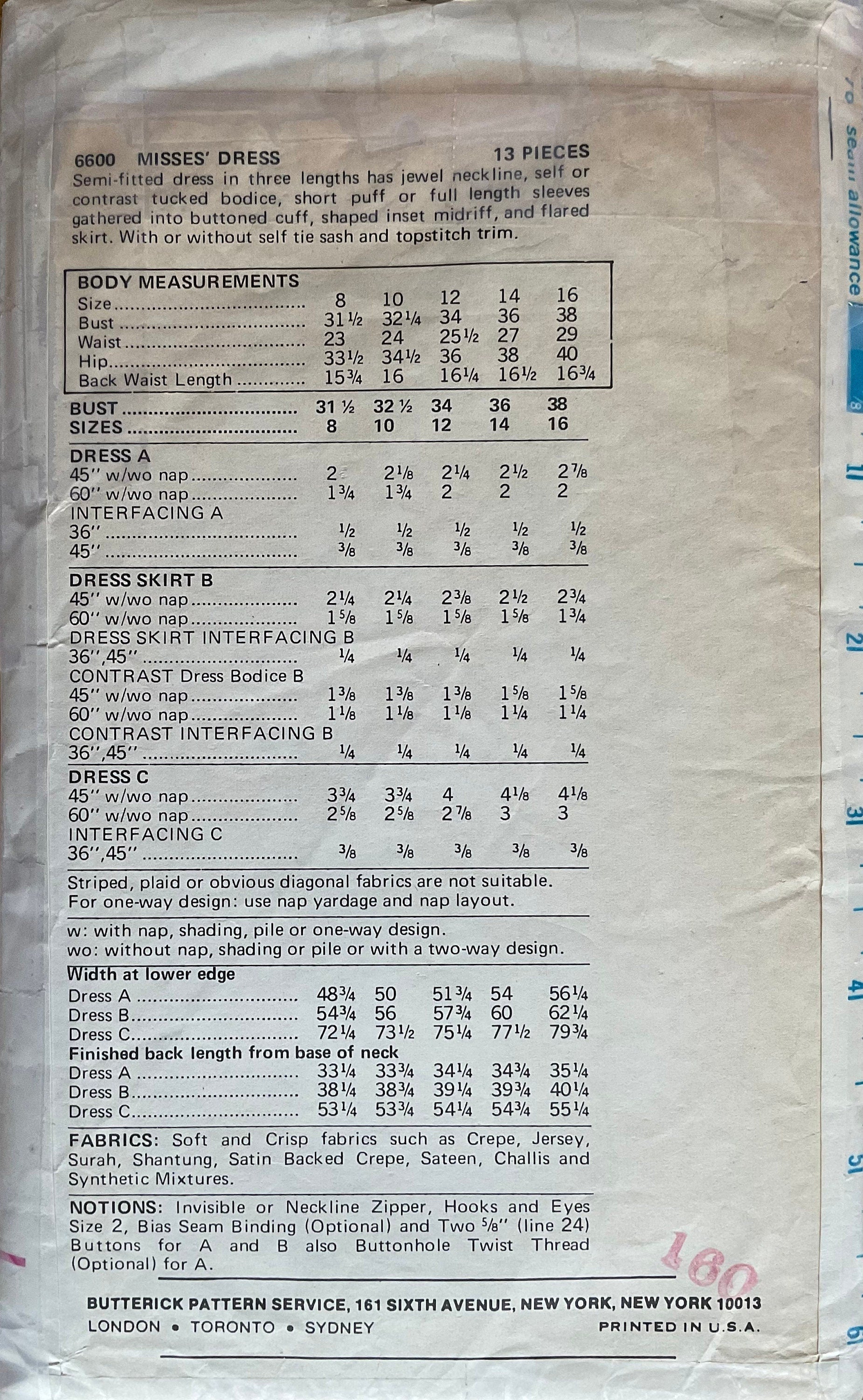 Butterick 6600 Sewing Pattern (Vintage) CUT