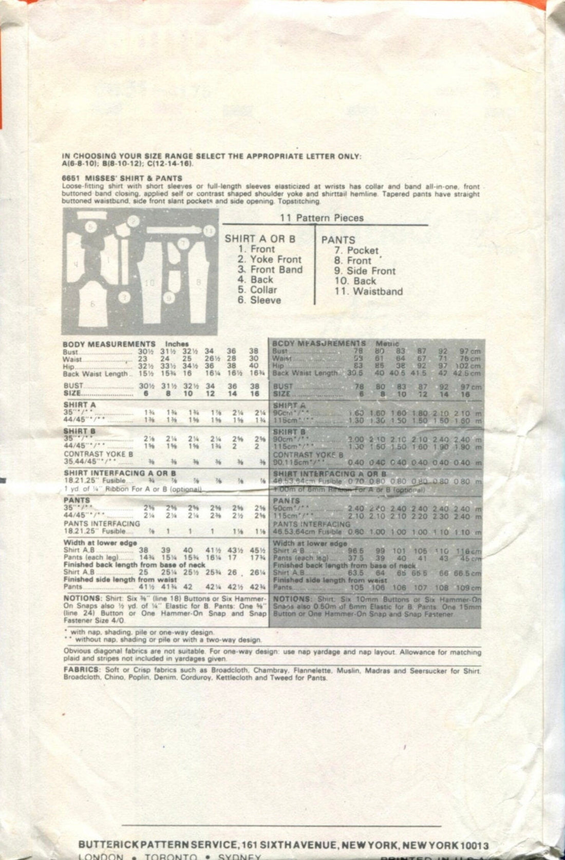 Butterick 6651 Sewing Pattern (Vintage) UNCUT