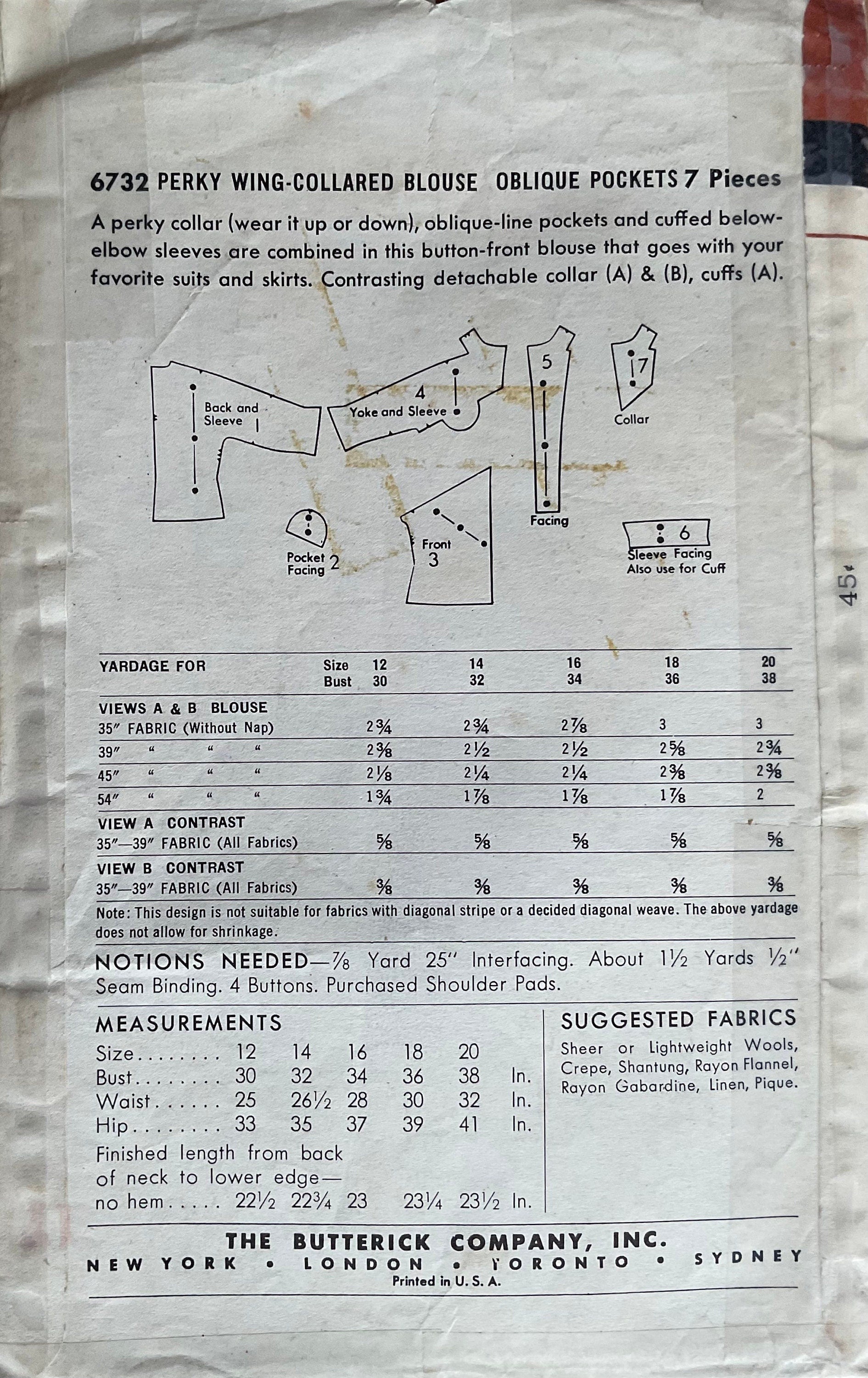Butterick 6732 Sewing Pattern (Vintage) UNCUT