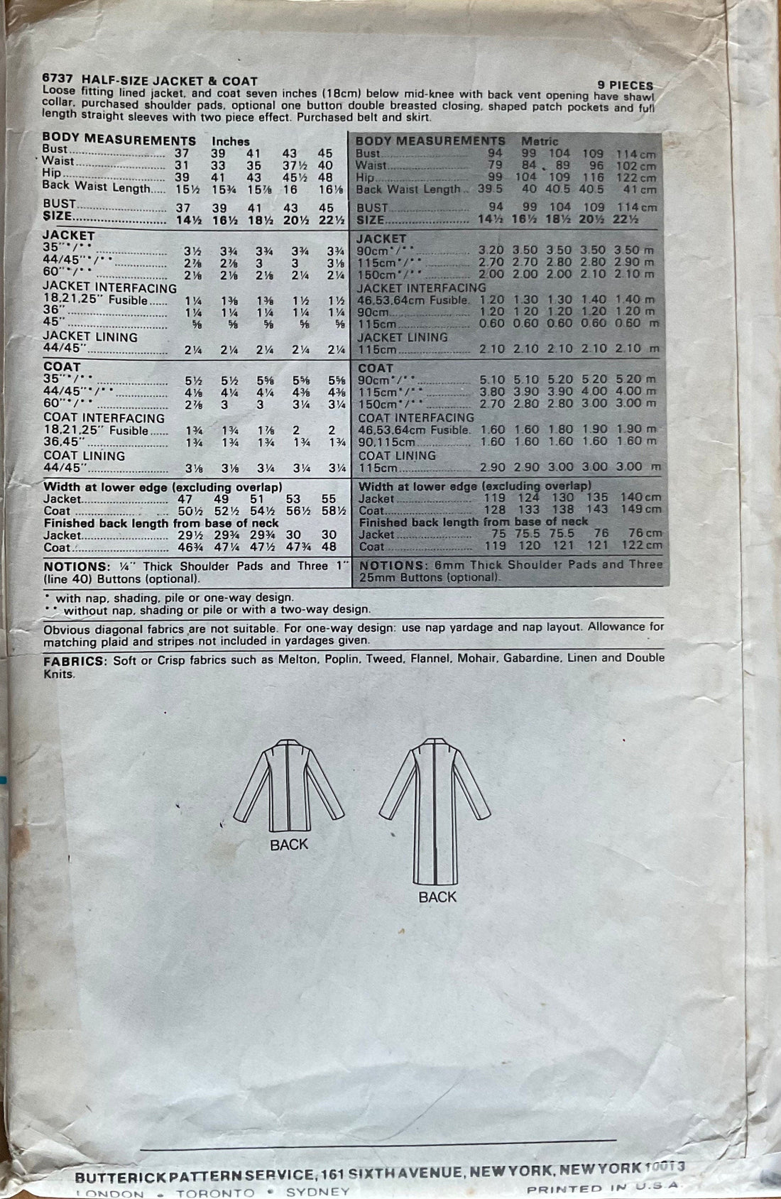 Butterick 6737 Sewing Pattern (Vintage) CUT