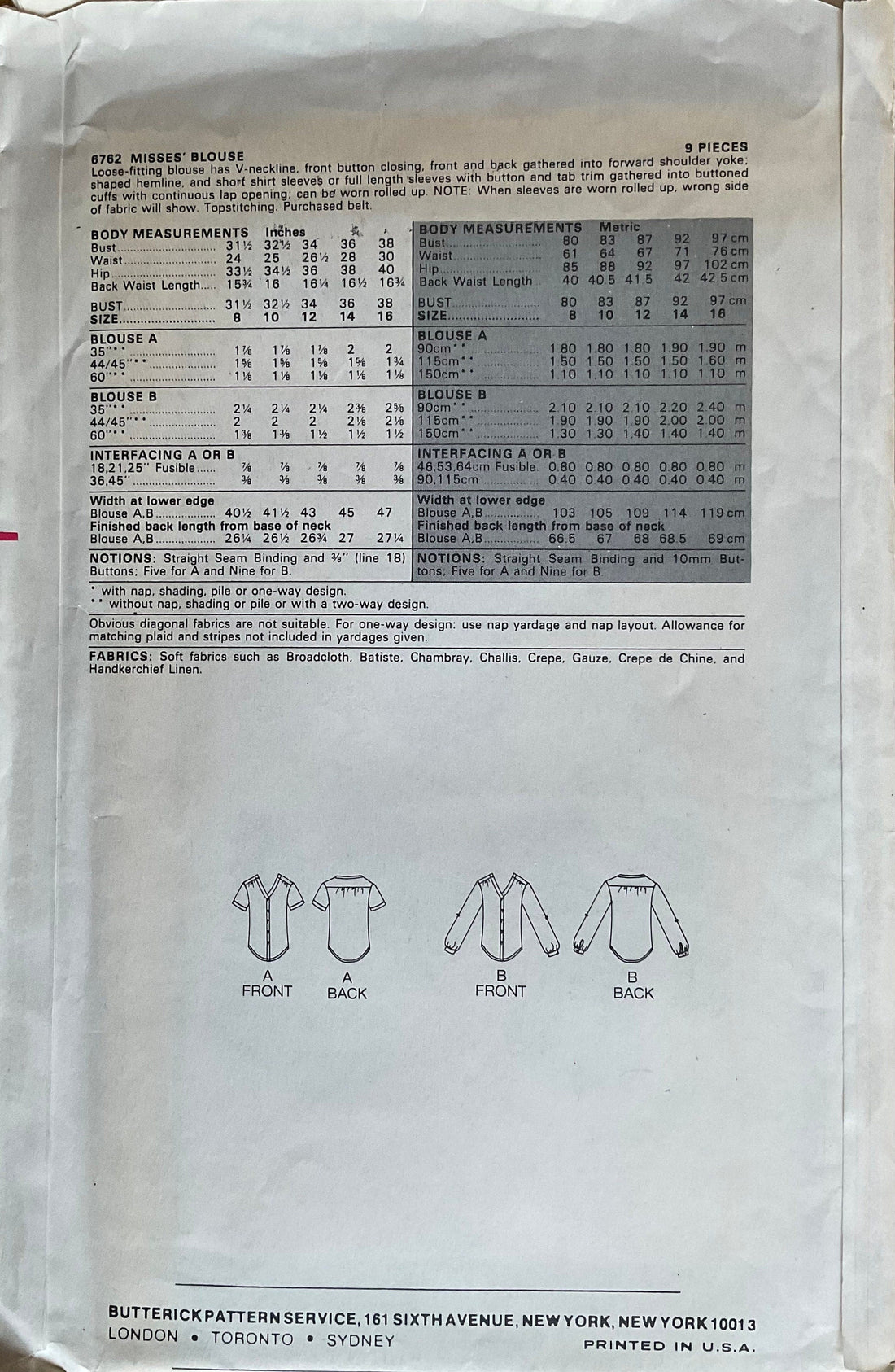 Butterick 6762 Sewing Pattern (Vintage) UNCUT