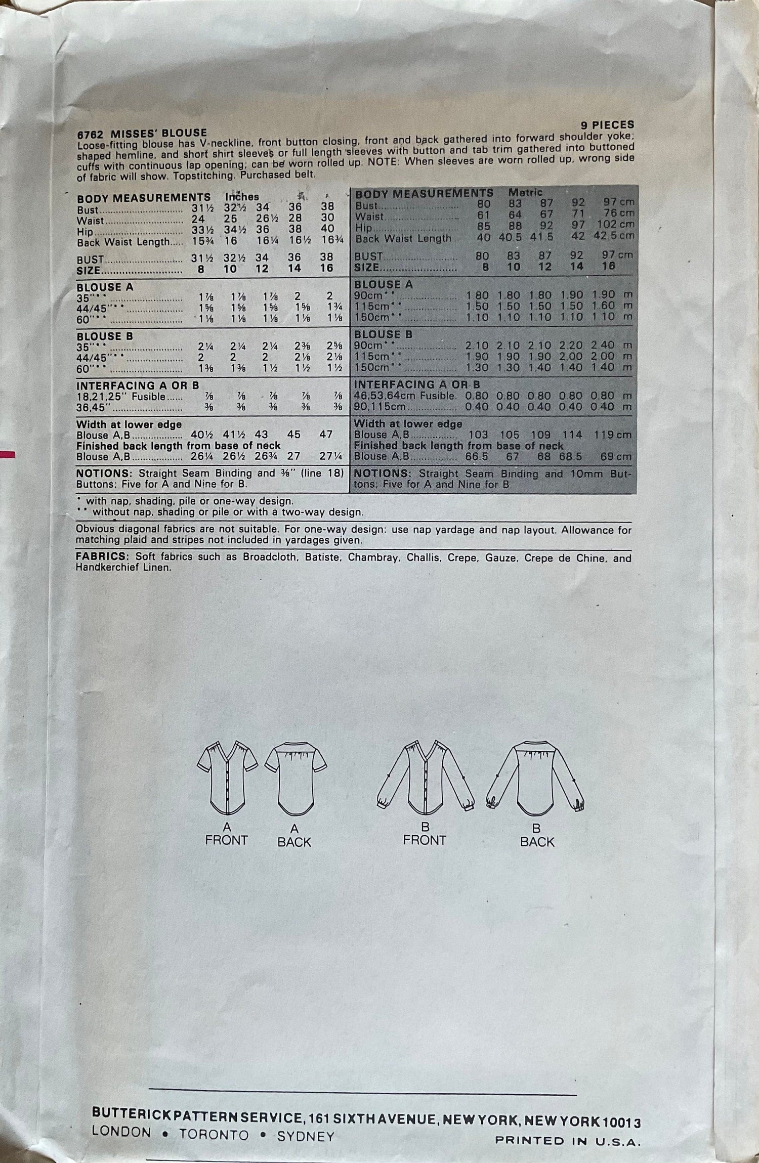Butterick 6762 Sewing Pattern (Vintage) UNCUT