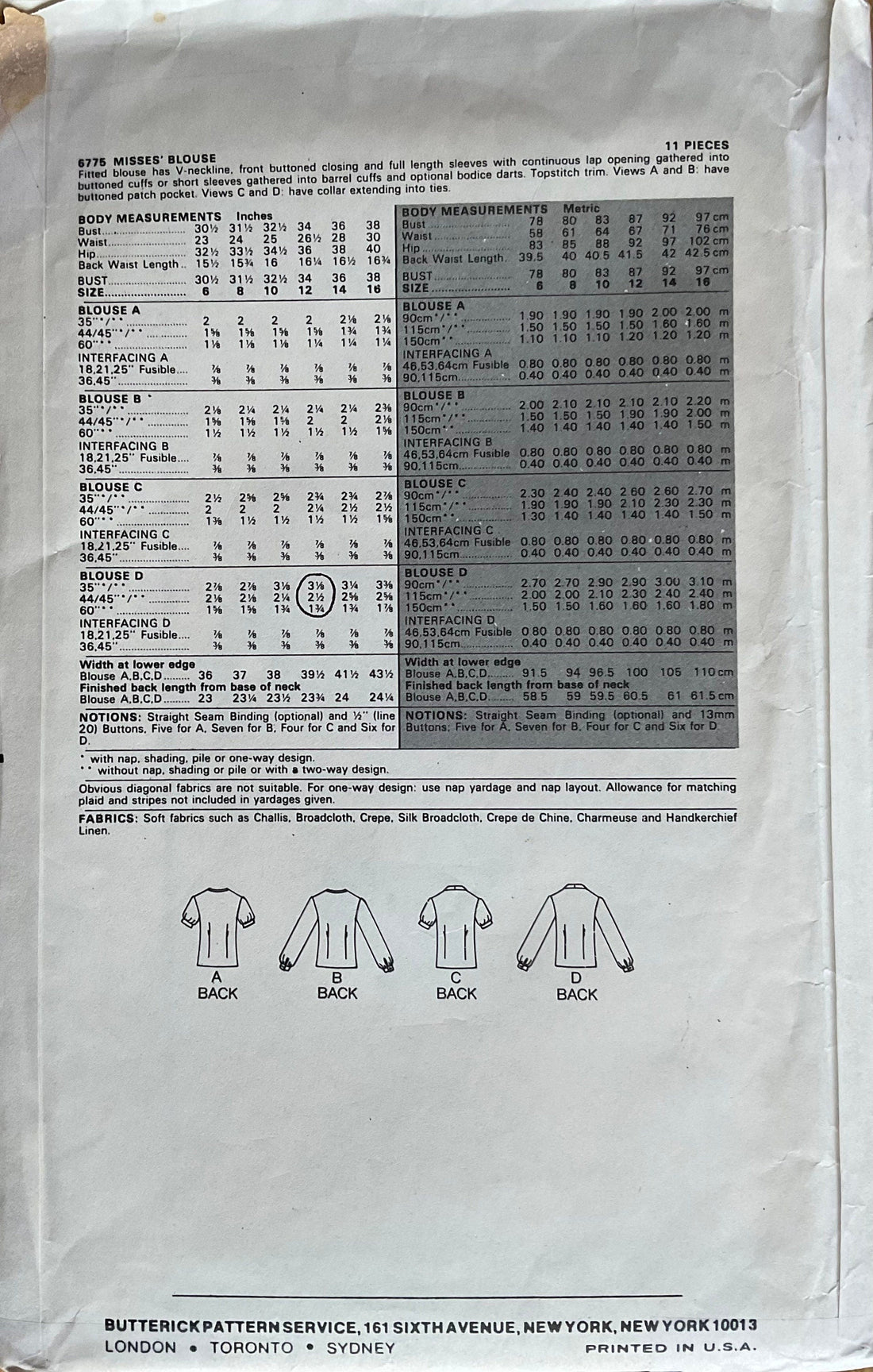 Butterick 6775 Sewing Pattern (Vintage) UNCUT