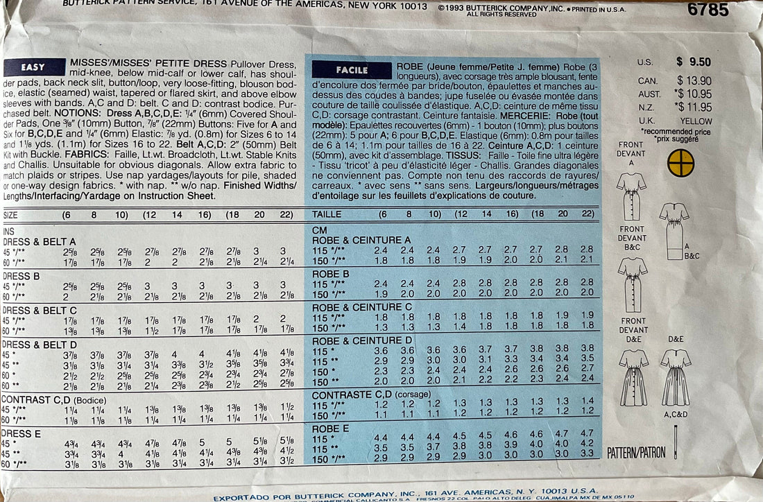 Butterick 6785 Sewing Pattern (Vintage) CUT