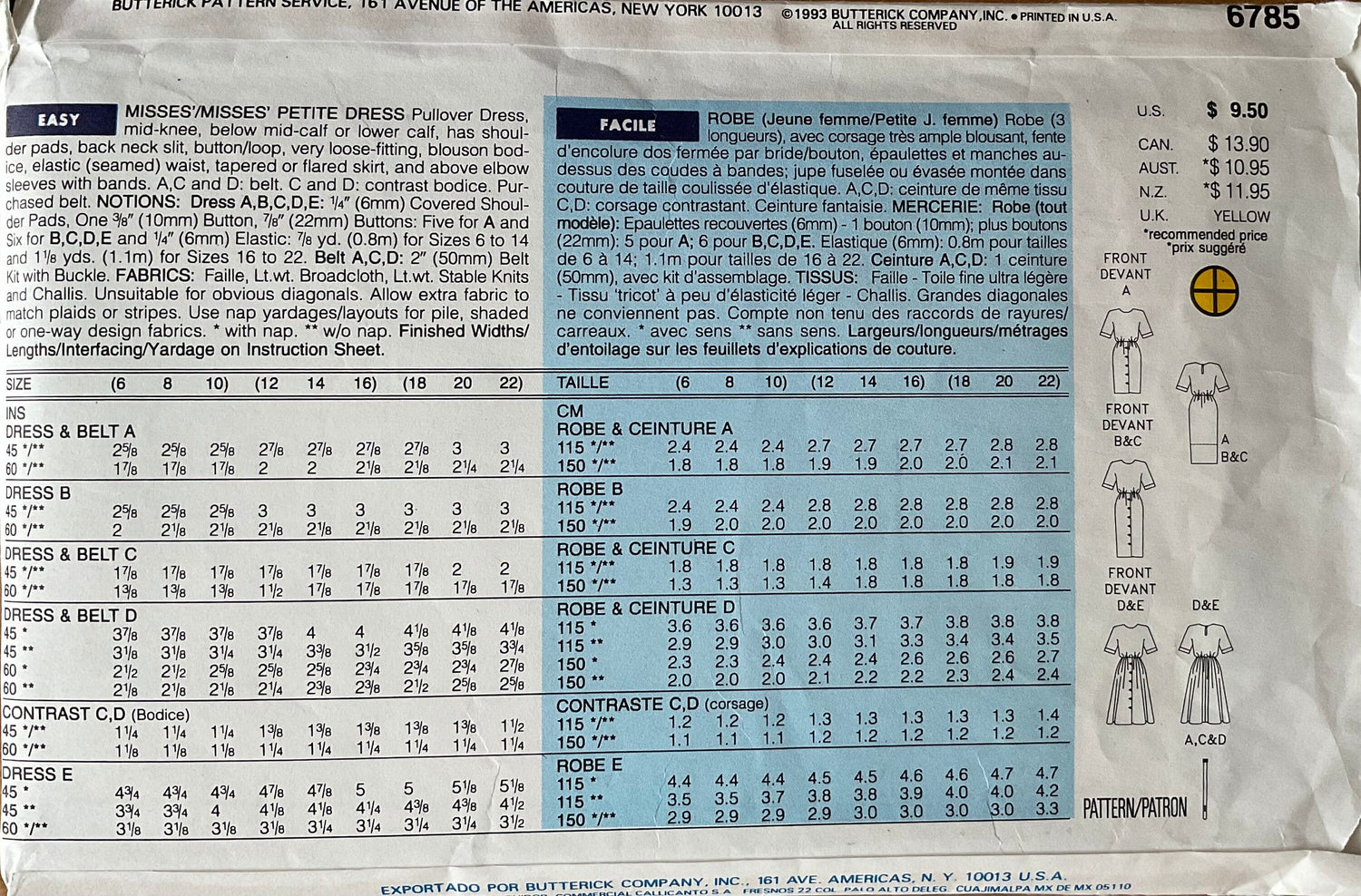 Butterick 6785 Sewing Pattern (Vintage) CUT