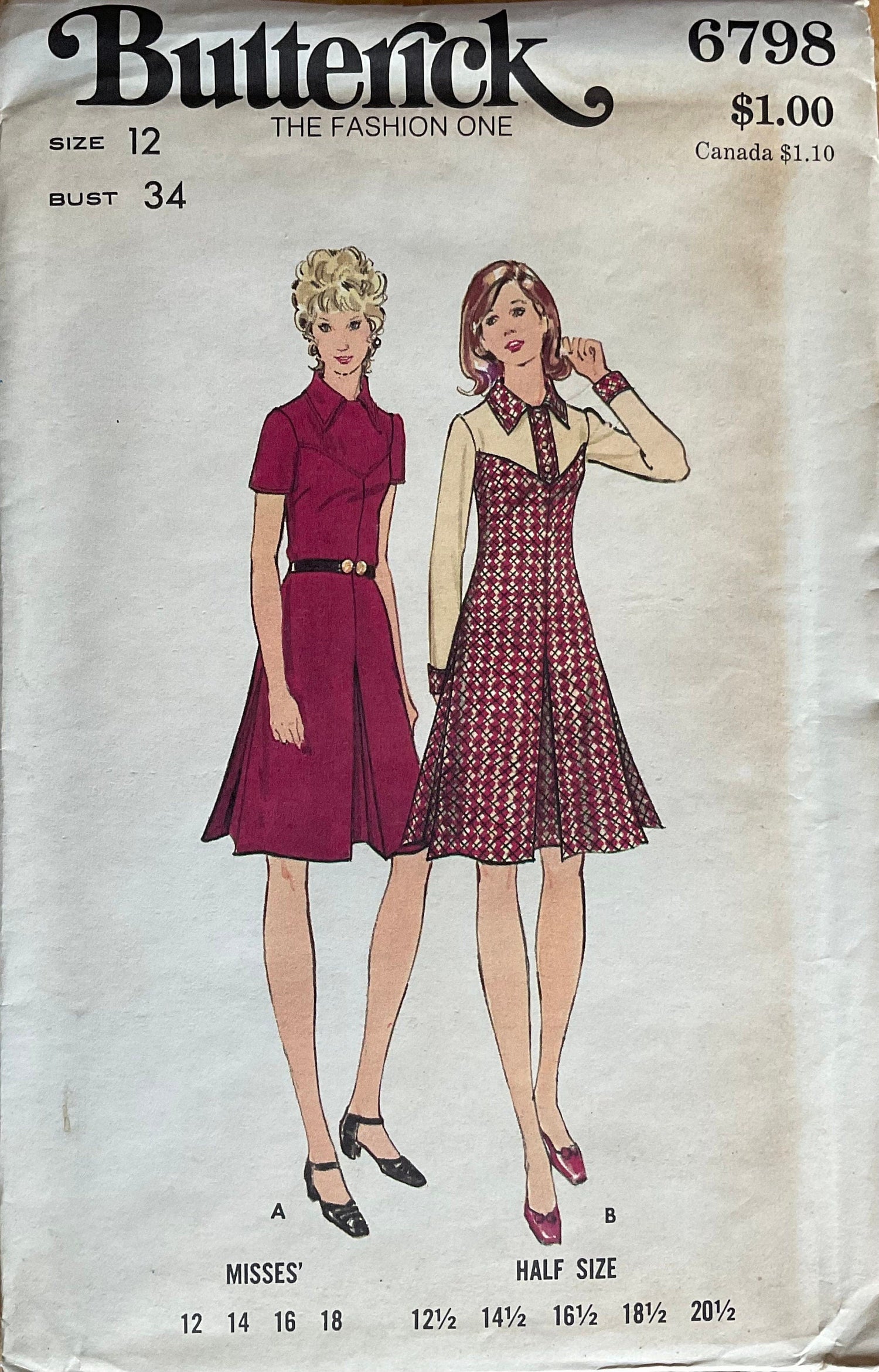 Butterick 6798 Sewing Pattern (Vintage) UNCUT
