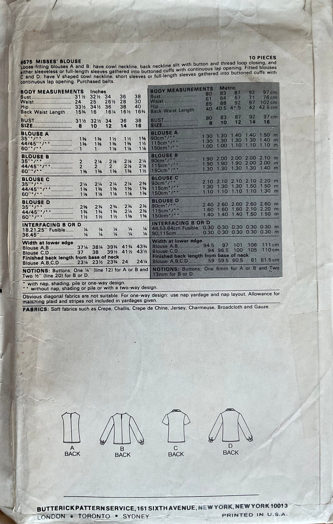 Butterick 6675 Sewing Pattern (Vintage) CUT