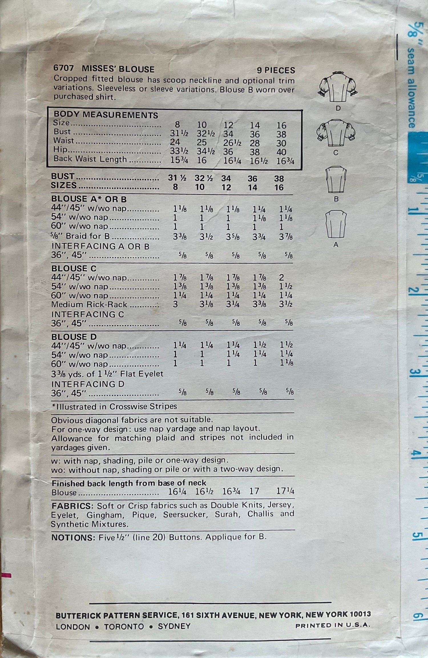 Butterick 6707 Sewing Pattern (Vintage) CUT