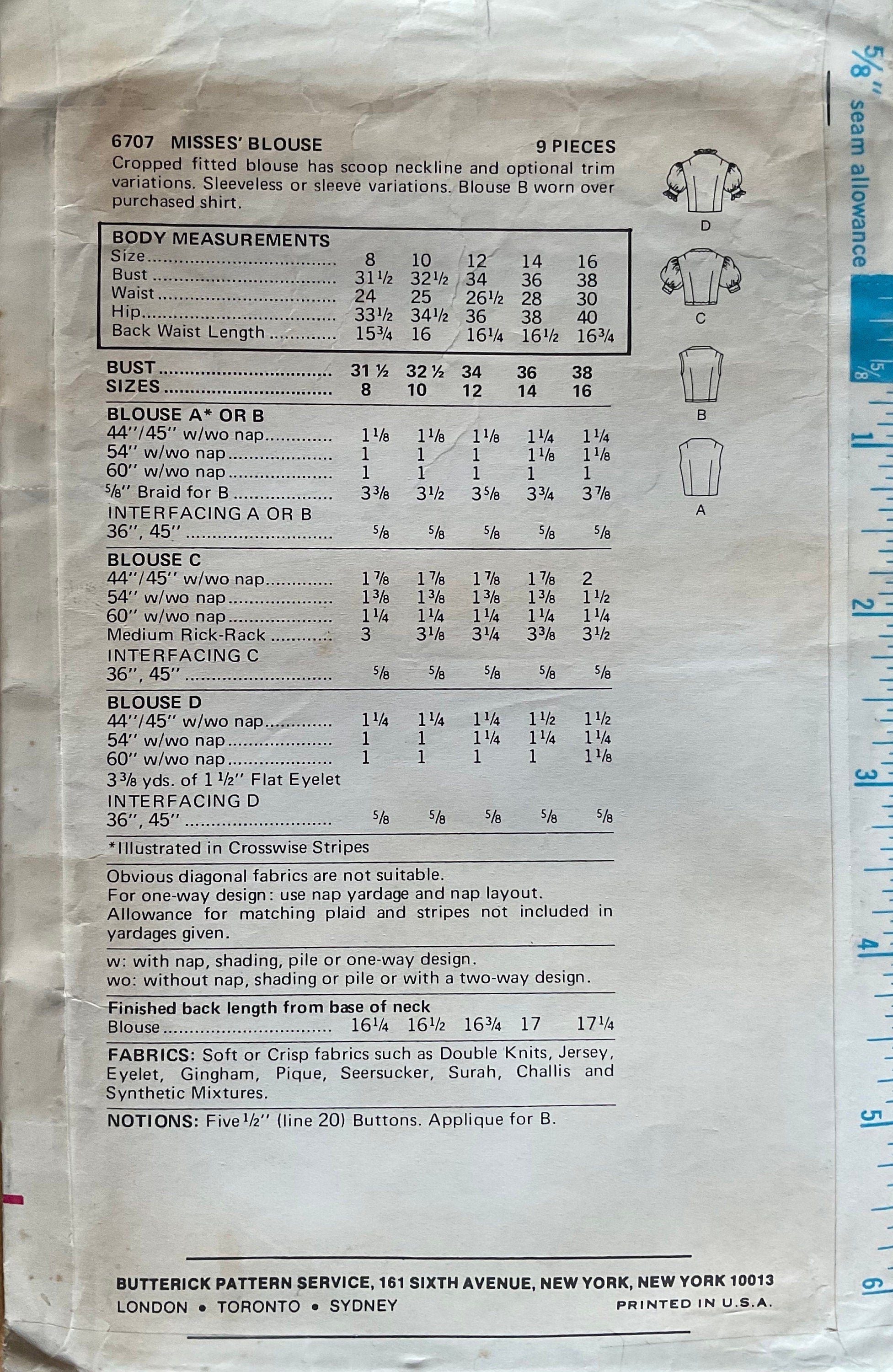 Butterick 6707 Sewing Pattern (Vintage) CUT