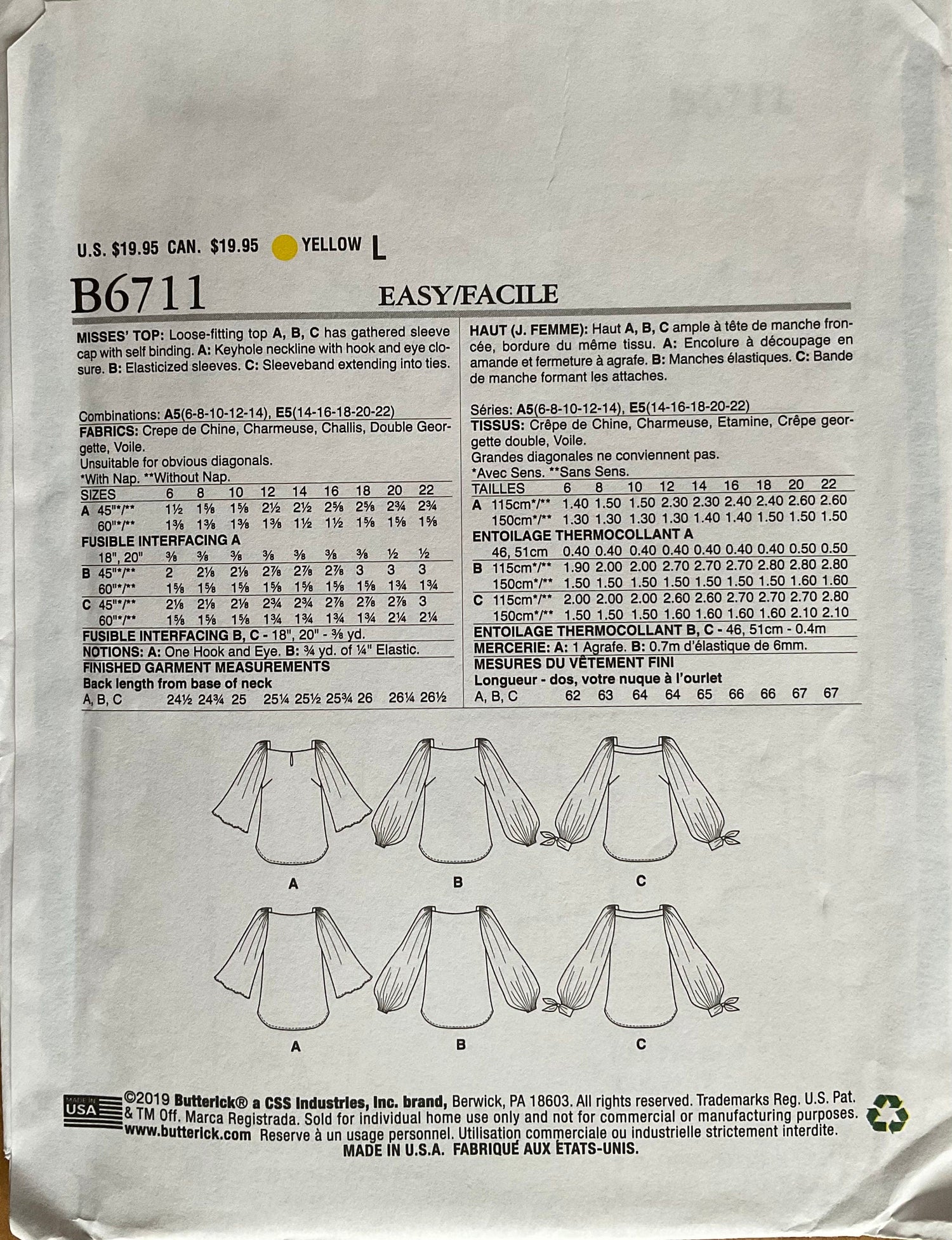 Butterick 6711 Sewing Pattern (Vintage) UNCUT