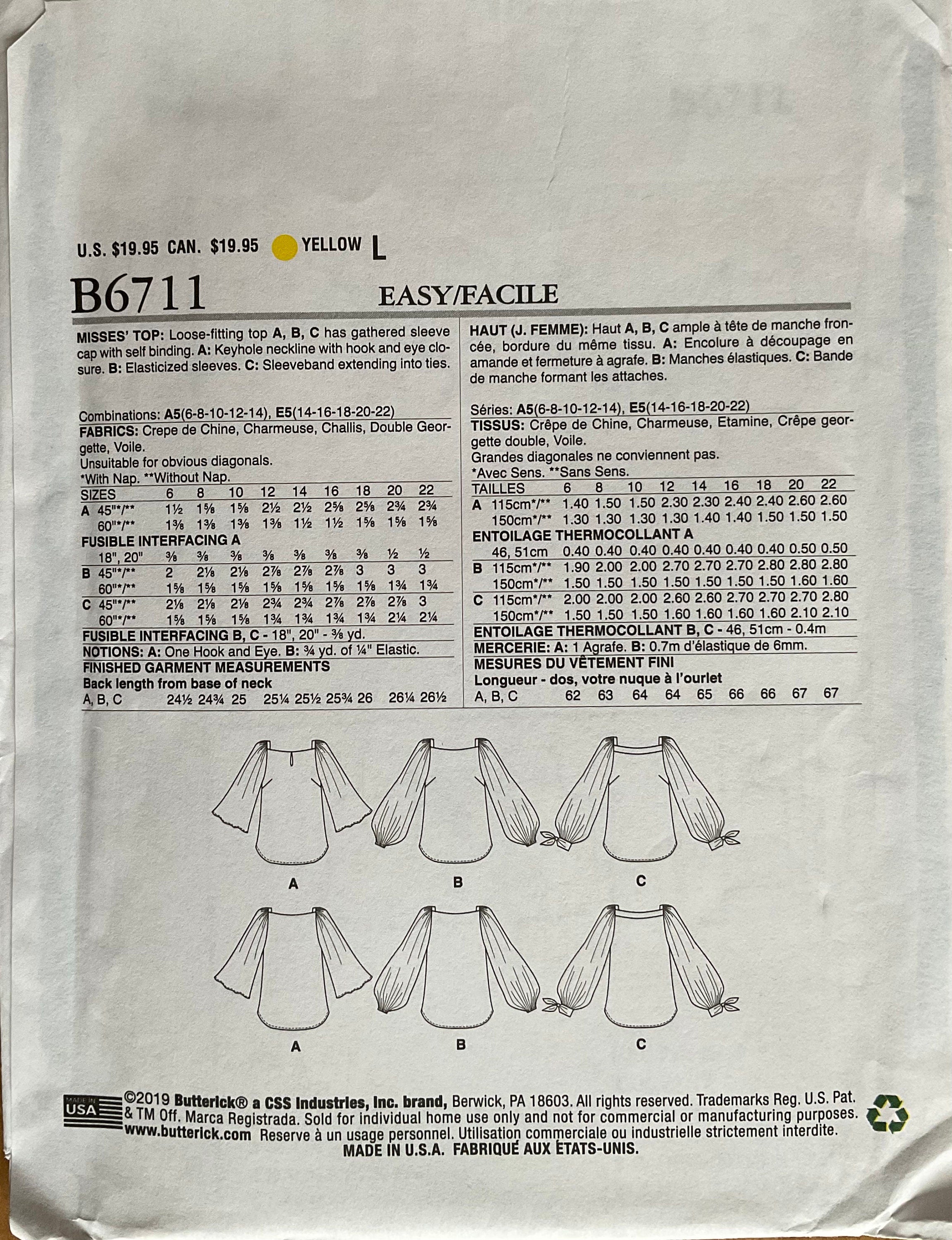 Butterick 6711 Sewing Pattern (Vintage) UNCUT